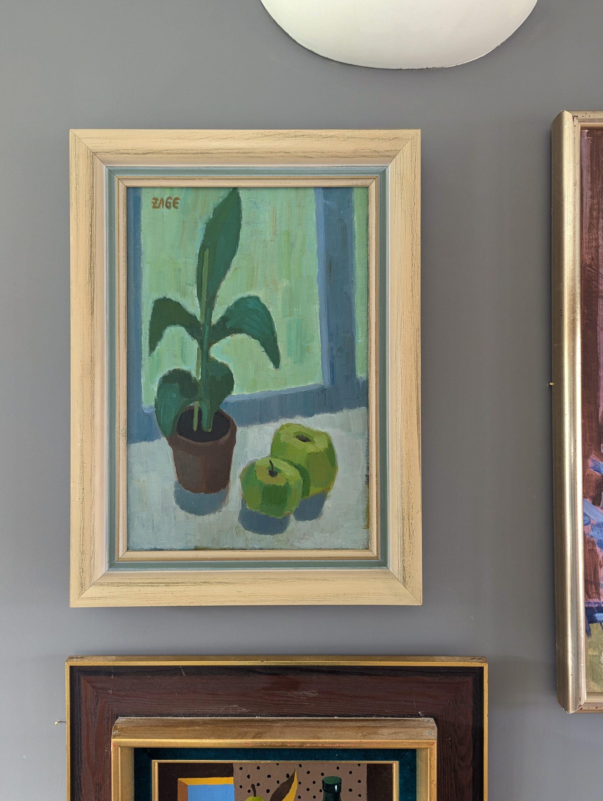 Bodegón al óleo sueco vintage de mediados de siglo - Maceta y manzanas - Still-Life Painting Marrón de Unknown
