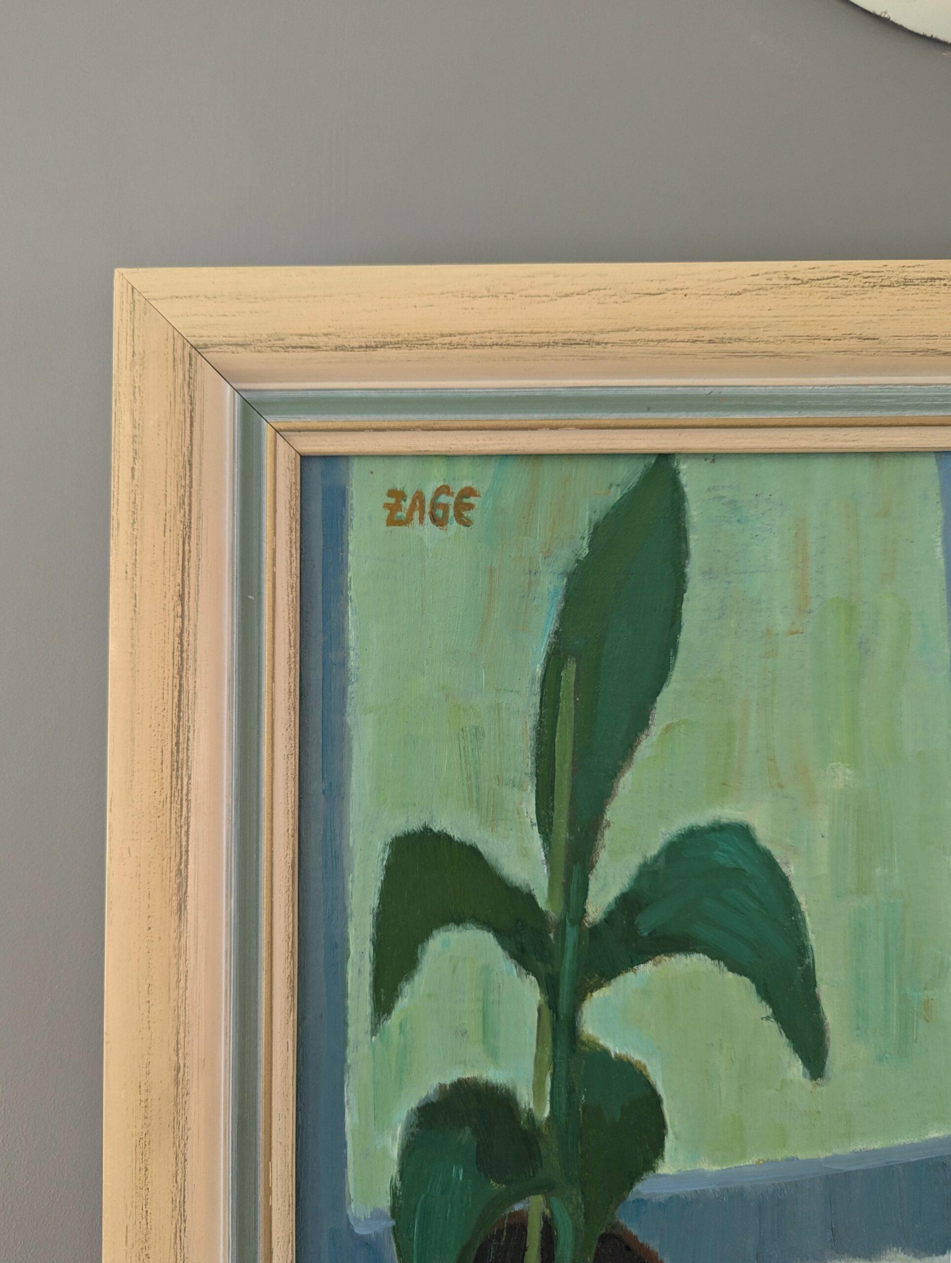 Bodegón al óleo sueco vintage de mediados de siglo - Maceta y manzanas en venta 2