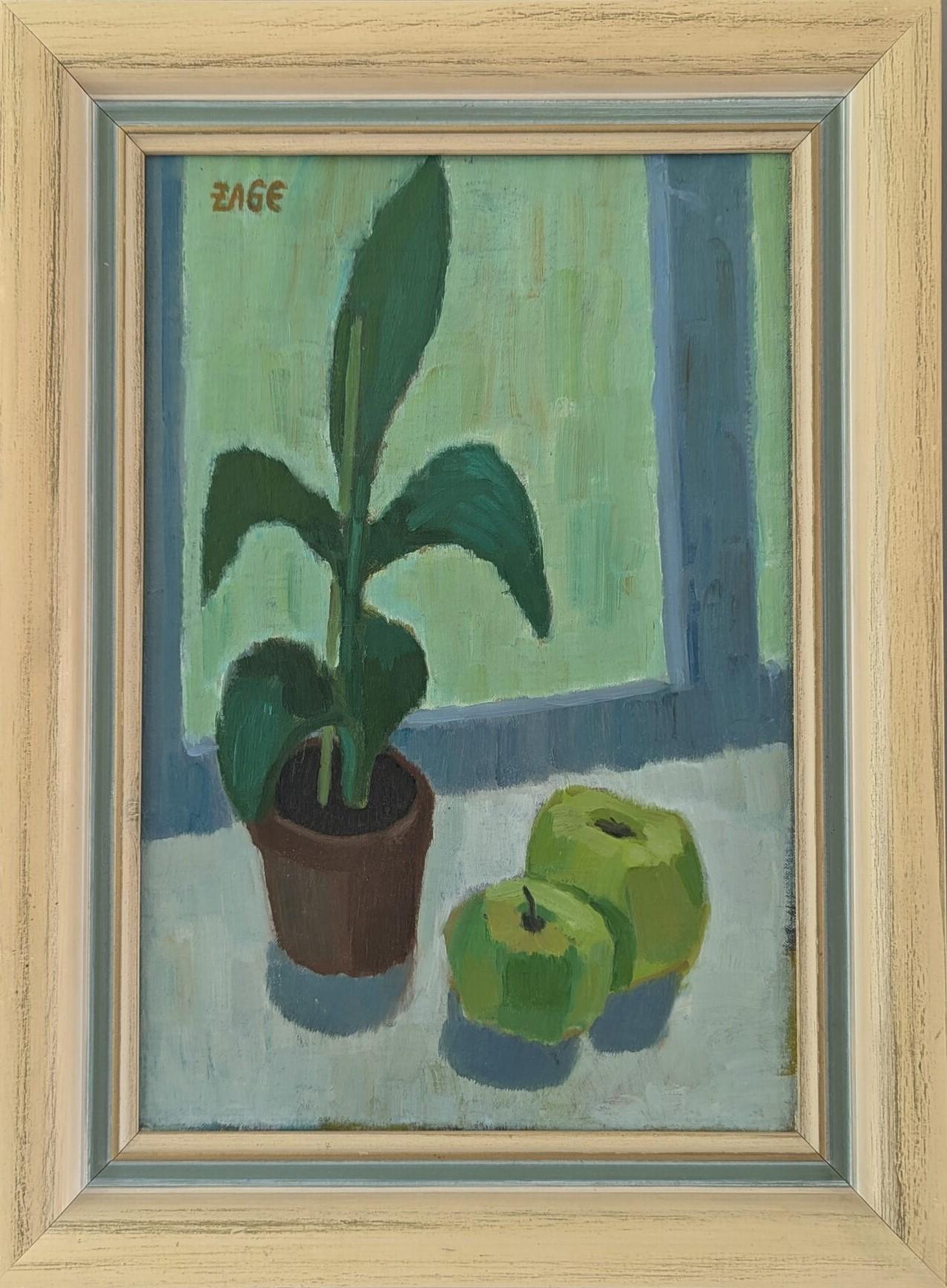 Still-Life Painting de Unknown - Bodegón al óleo sueco vintage de mediados de siglo - Maceta y manzanas