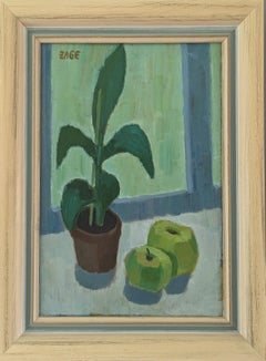 Vintage Mid-Century Modern Swedish Still Life Oil Painting - Plant Pot & Apples