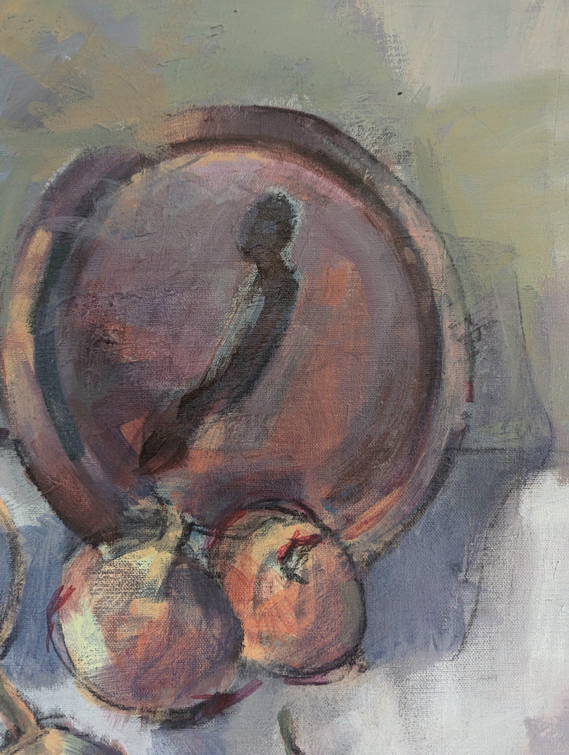 Vintage Mid-Century Modern Swedish Still Life Ölgemälde - Topf & Zwiebeln im Angebot 5