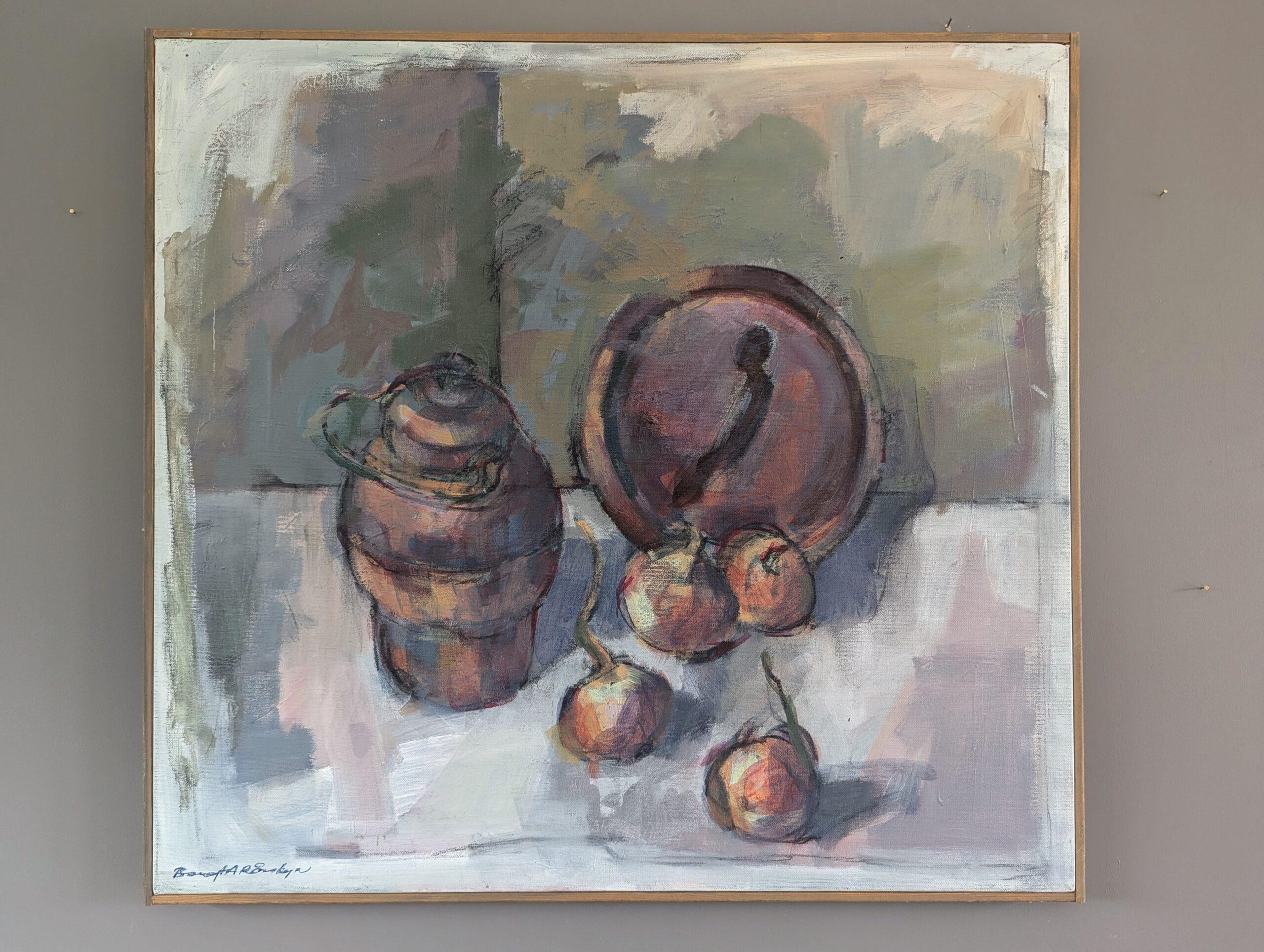Vintage Mid-Century Modern Swedish Still Life Ölgemälde - Topf & Zwiebeln – Painting von Unknown