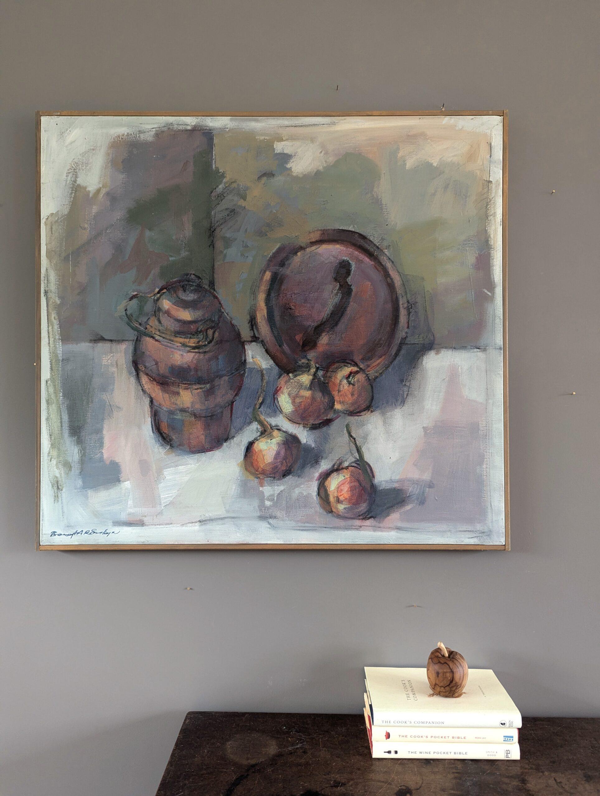 Vintage Mid-Century Modern Swedish Still Life Ölgemälde - Topf & Zwiebeln (Moderne), Painting, von Unknown