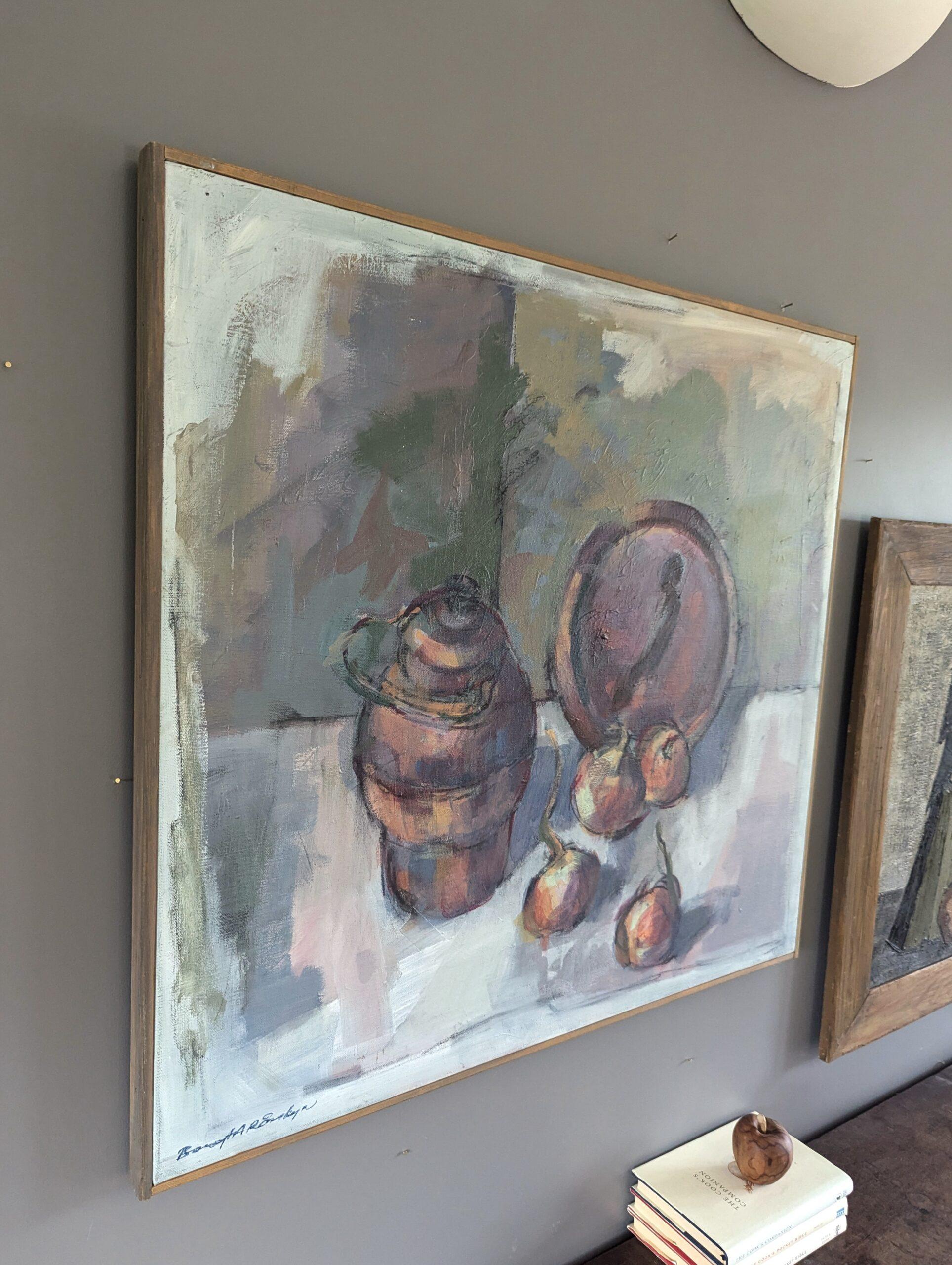 Vintage Mid-Century Modern Swedish Still Life Ölgemälde - Topf & Zwiebeln (Grau), Still-Life Painting, von Unknown