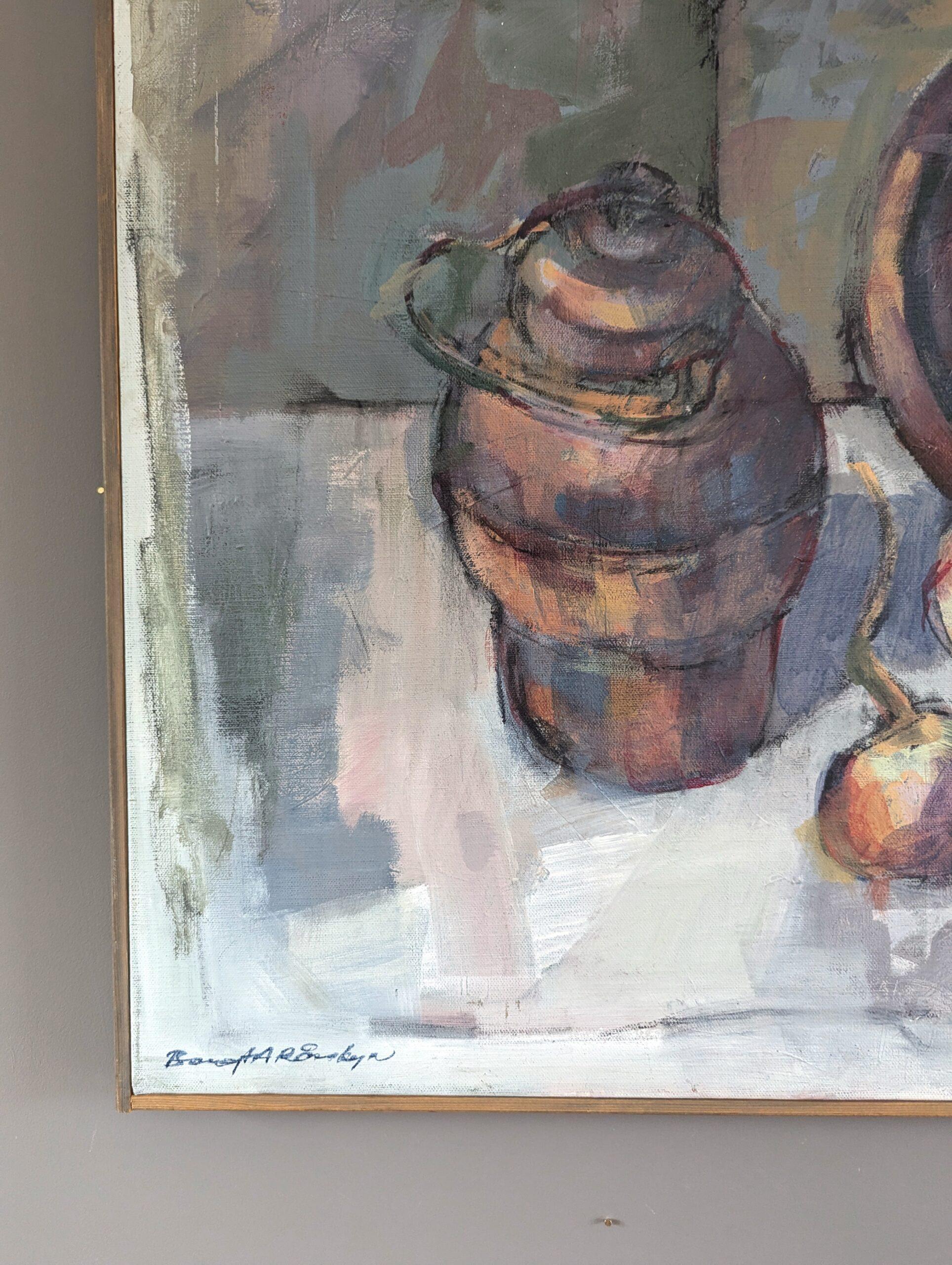 Vintage Mid-Century Modern Swedish Still Life Ölgemälde - Topf & Zwiebeln im Angebot 2