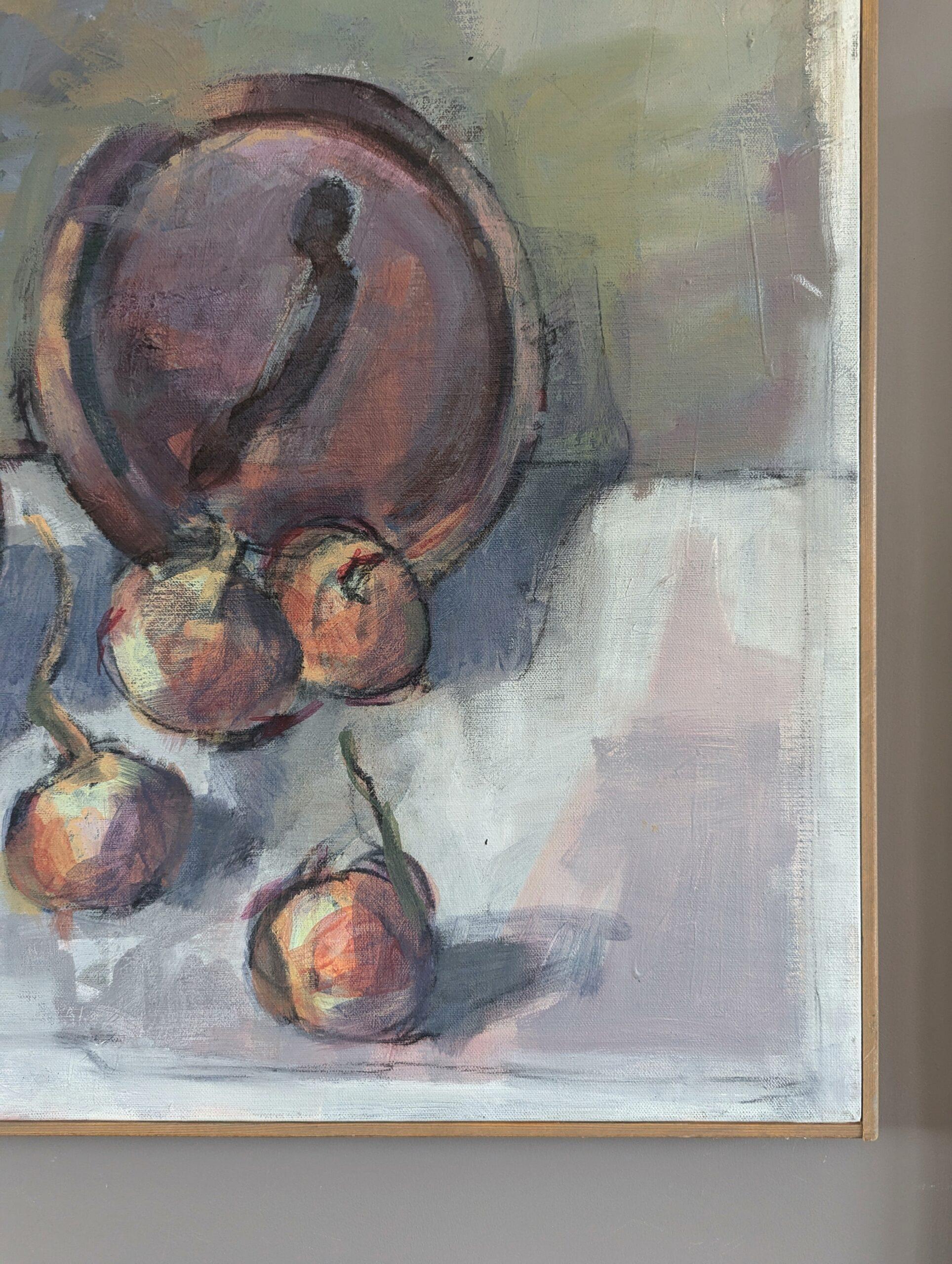 Vintage Mid-Century Modern Swedish Still Life Ölgemälde - Topf & Zwiebeln im Angebot 3