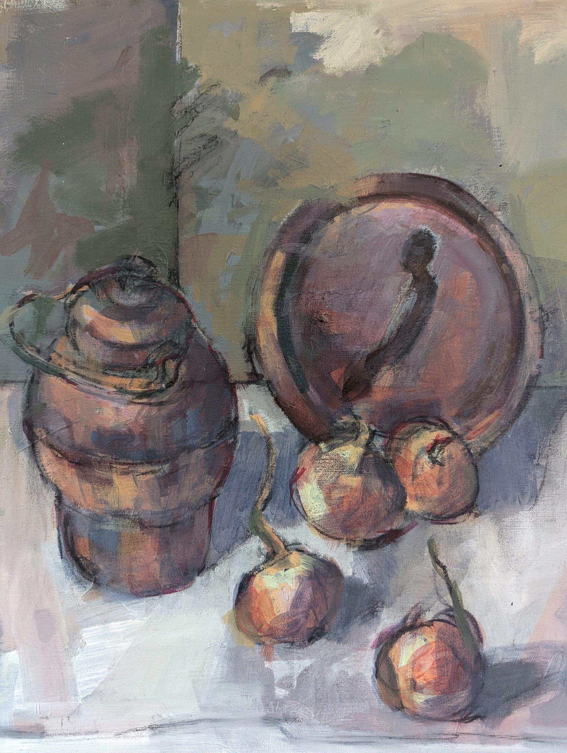 Vintage Mid-Century Modern Swedish Still Life Ölgemälde - Topf & Zwiebeln im Angebot 4