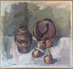 Peinture à l'huile de nature morte suédoise vintage de la Modernité du milieu du siècle dernier - Pot et oignons