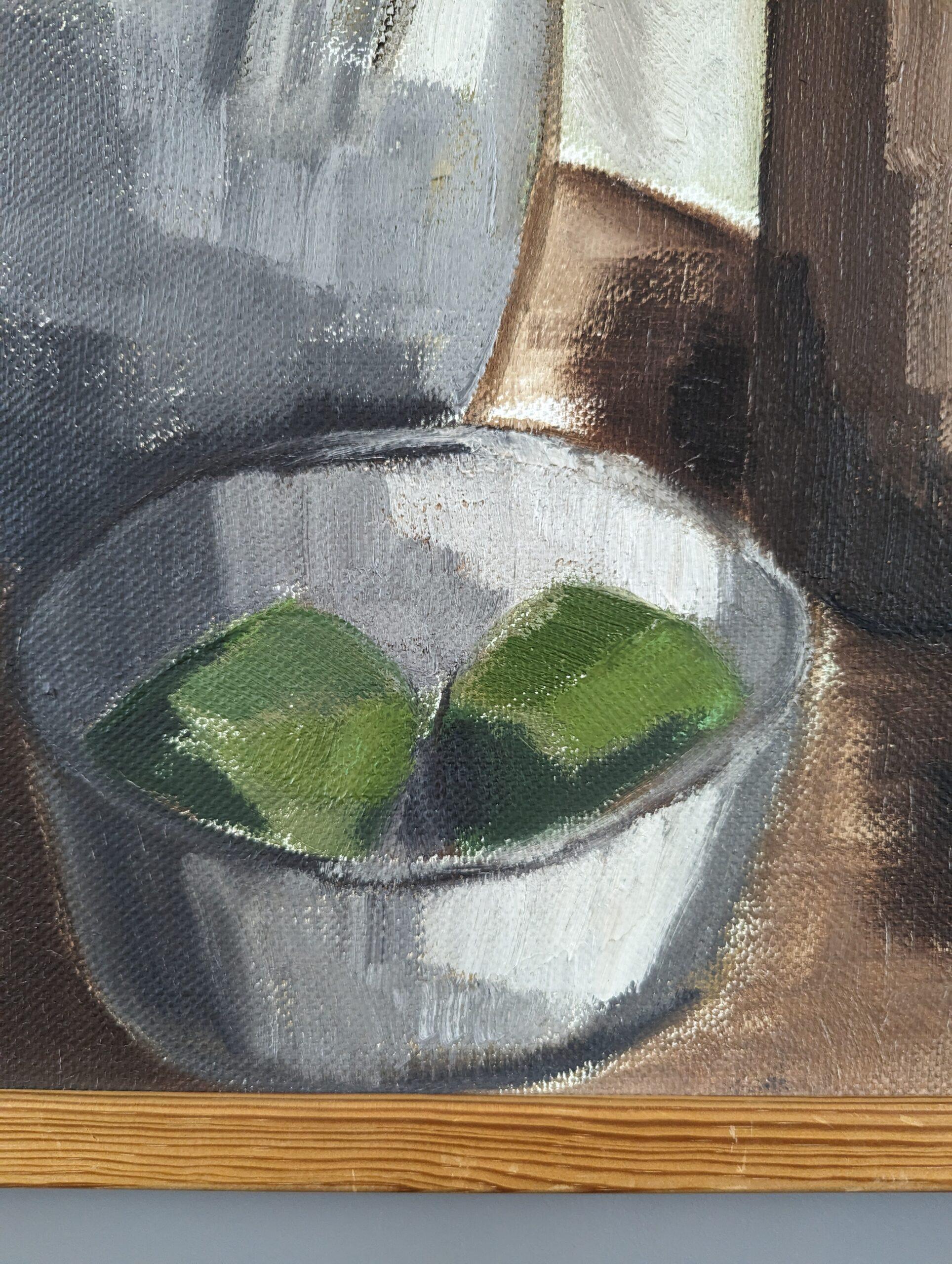 Vintage Mid-Century Modern Swedish Still Life Oil Painting - Pots & Green Fruit For Sale 11