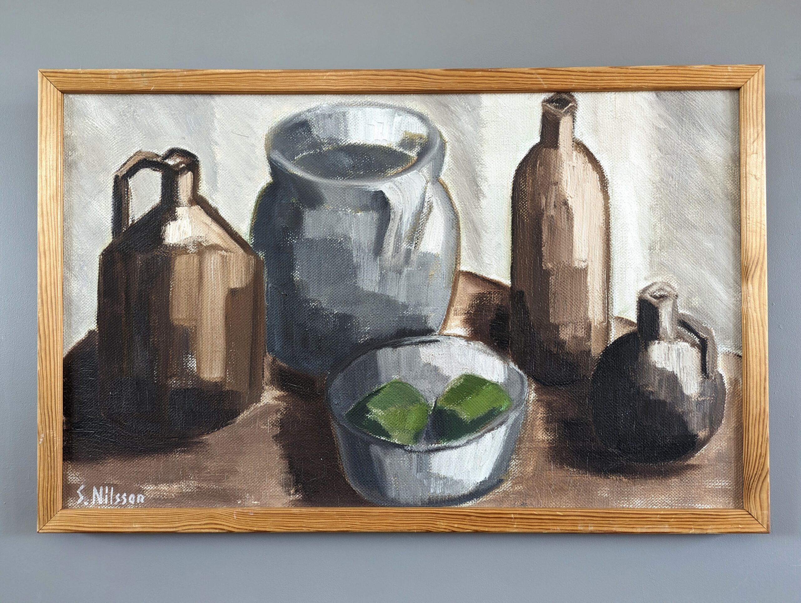 POTS & GREEN FRUIT
Size: 43 x 67 cm (including frame)
Oil on Canvas

An expressive mid-century still life oil composition, that invites viewers to appreciate the beauty of simple, everyday objects.

Set against a beige backdrop rests an assortment