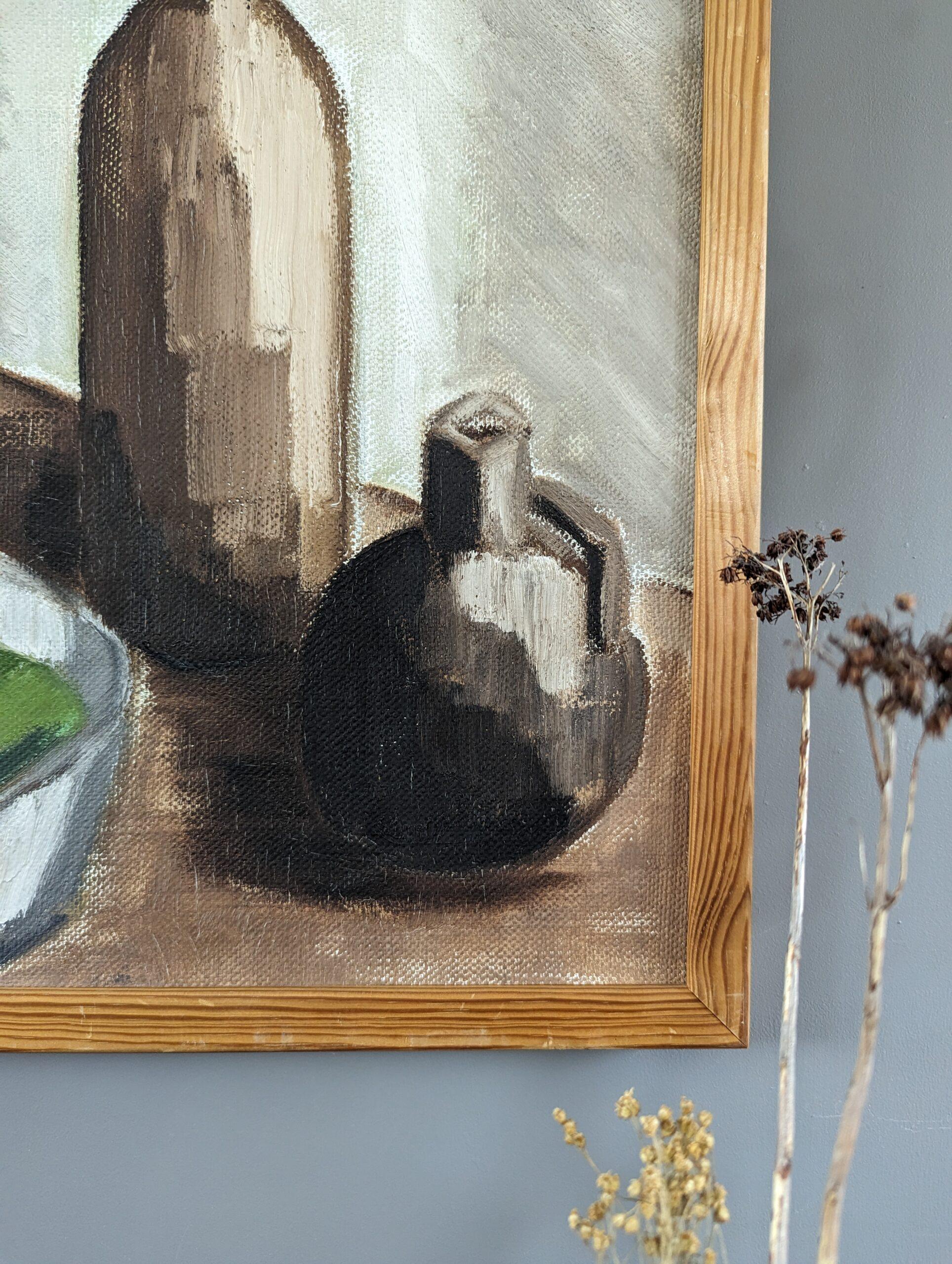Vintage Mid-Century Modern Swedish Still Life Oil Painting - Pots & Green Fruit For Sale 6
