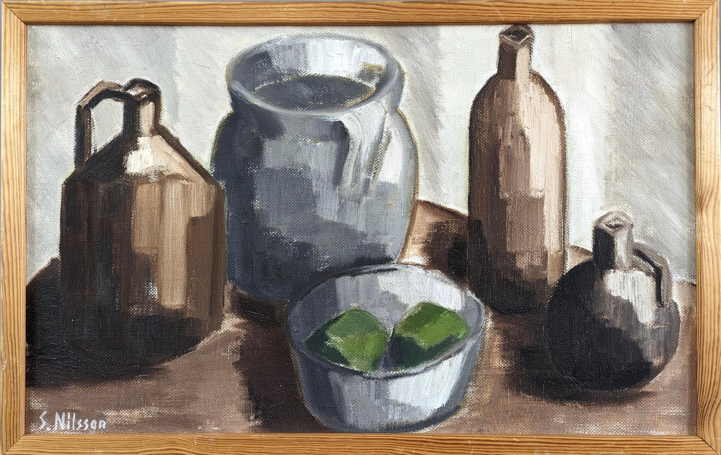 Unknown Still-Life Painting - Vintage Mid-Century Modern Swedish Still Life Oil Painting - Pots & Green Fruit