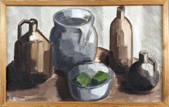 Used Mid-Century Modern Swedish Still Life Oil Painting - Pots & Green Fruit