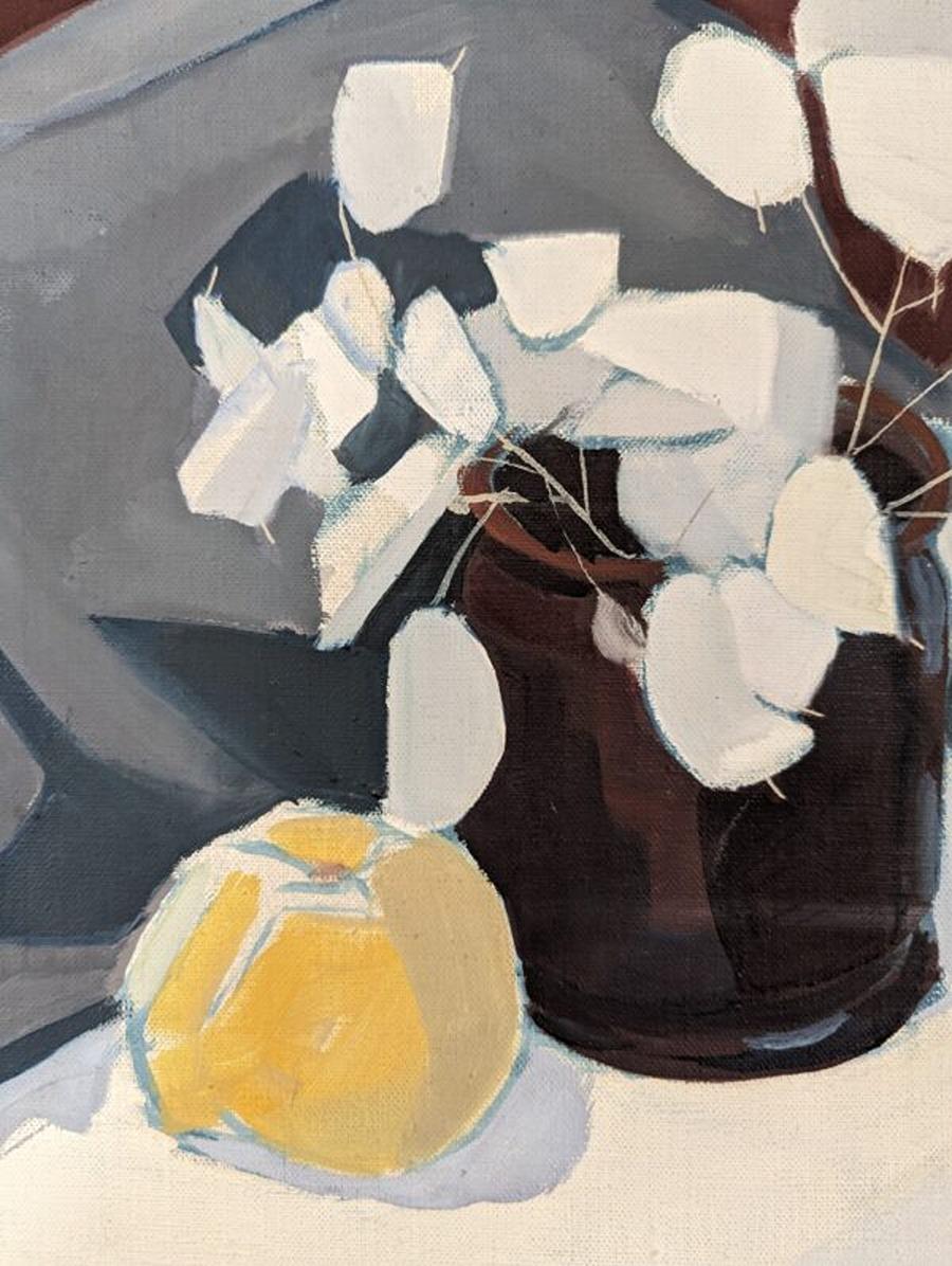 QUIET TIME
Size: 31 x 48 cm (including frame)
Oil on Canvas

A serene mid-century modernist style still-life painting, executed in oil onto canvas.

Simple yet effective in its composition, white flowers in a dark brown pot rests on a table with a