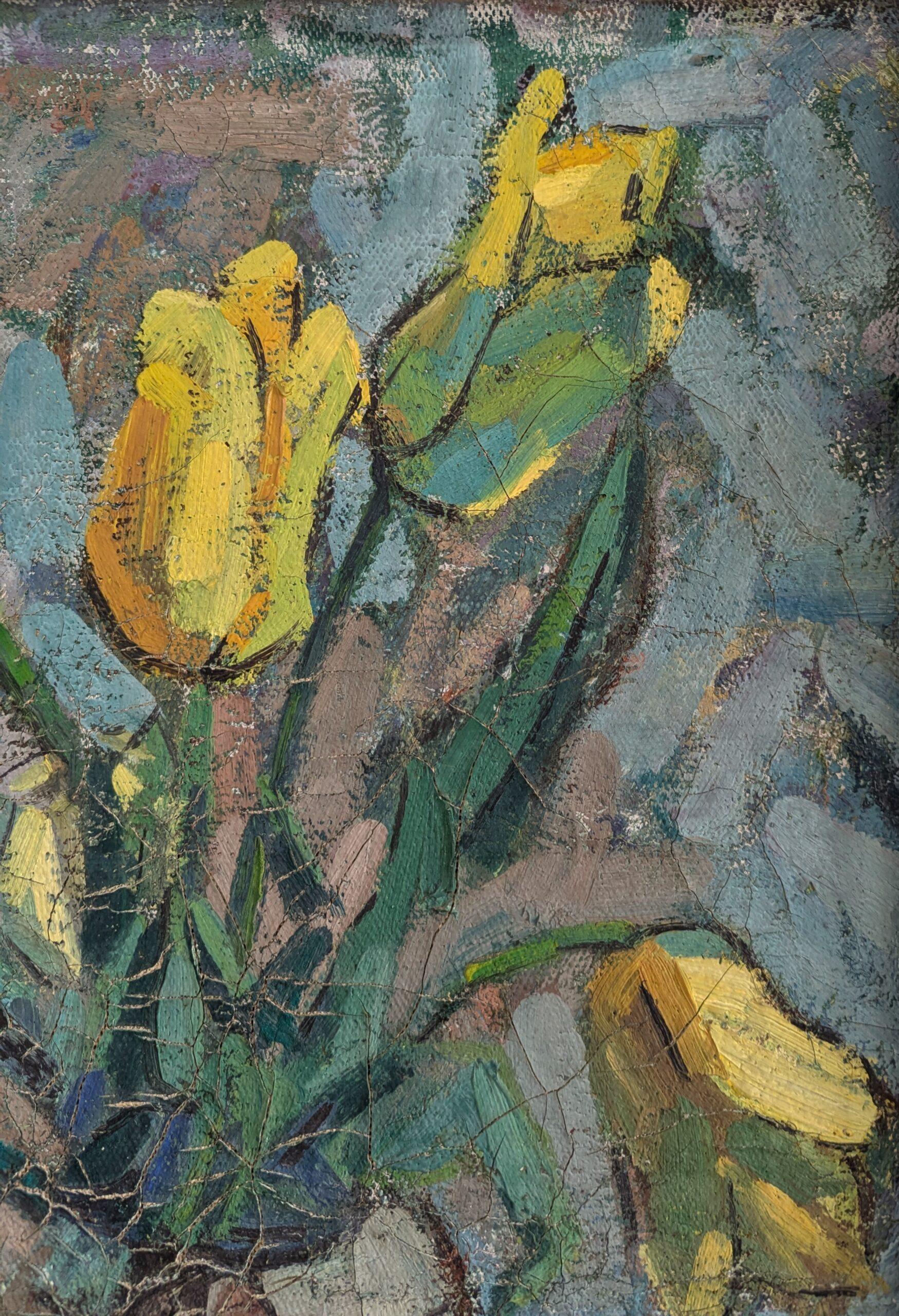Vintage Mid-Century Modern Swedish Still Life Oil Painting - Tulips in Yellow 8