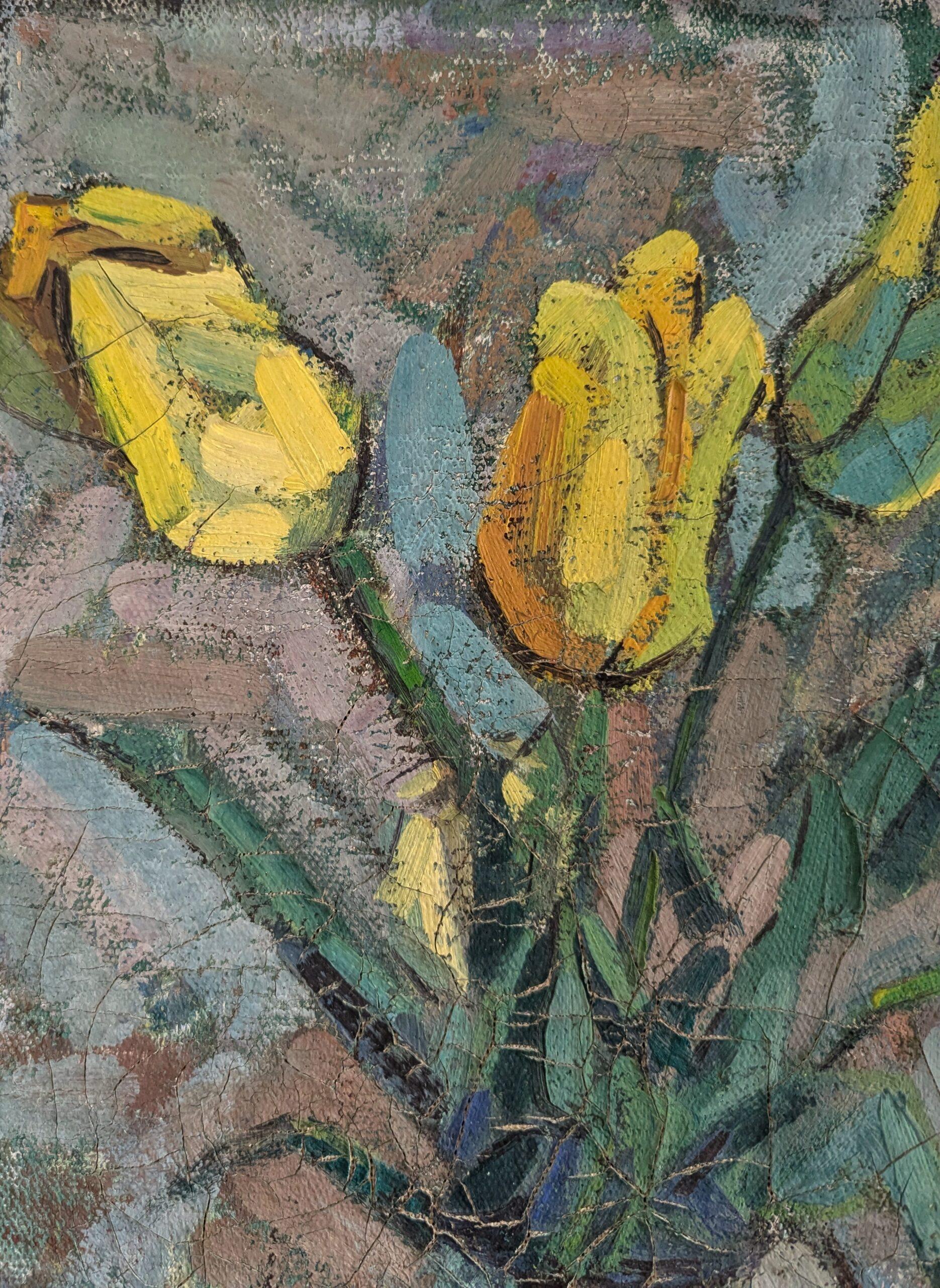 Vintage Mid-Century Modern Swedish Still Life Oil Painting - Tulips in Yellow 9