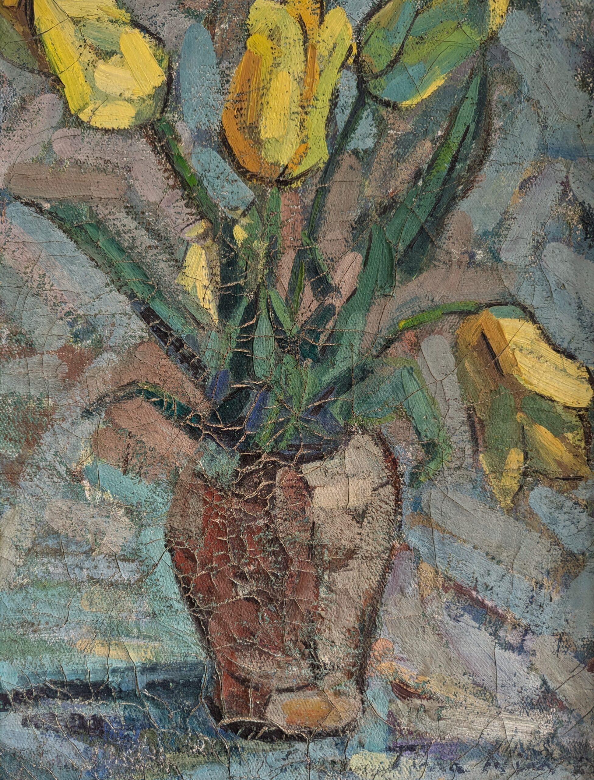 Vintage Mid-Century Modern Swedish Still Life Oil Painting - Tulips in Yellow 10