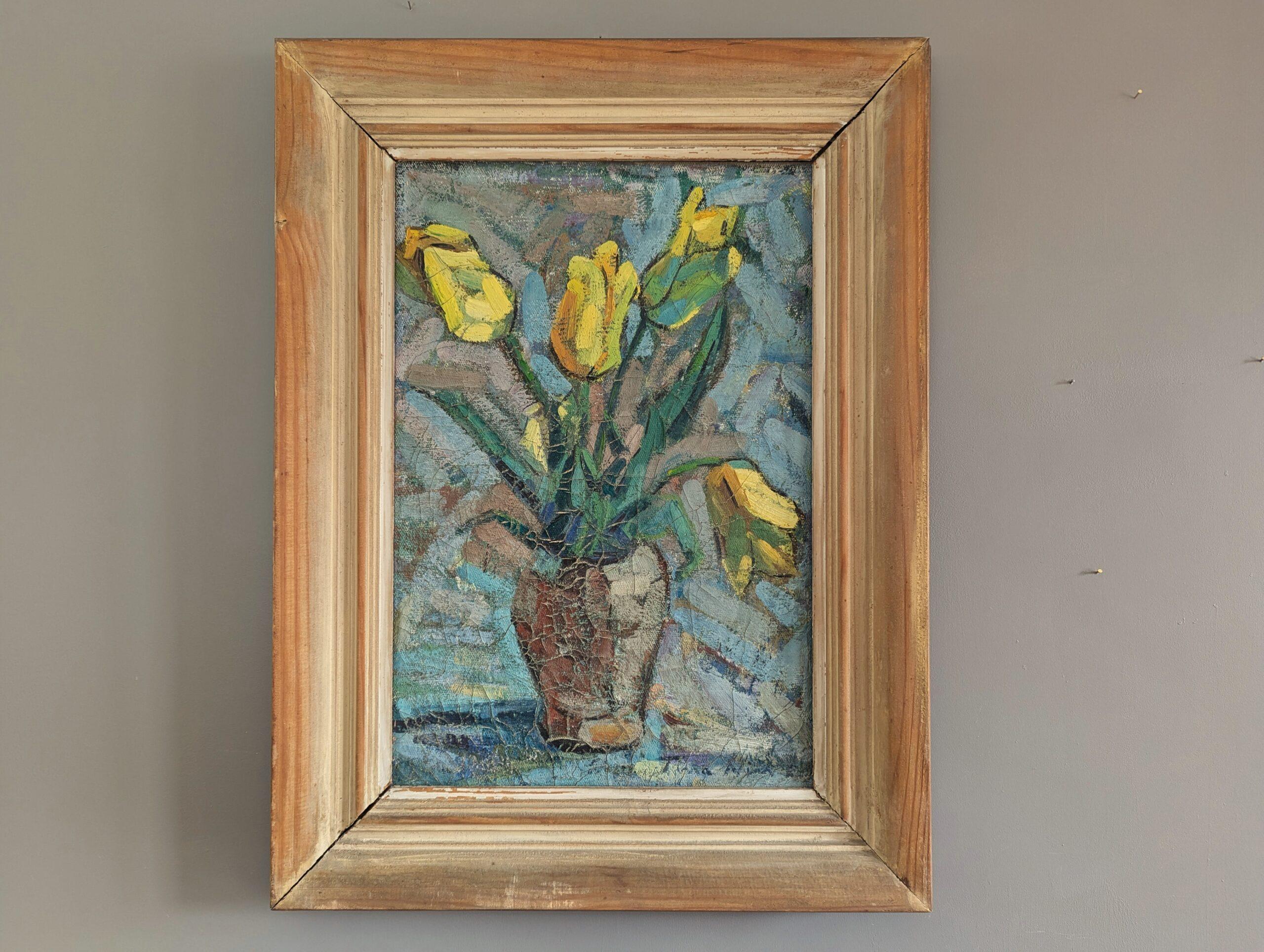 TULIPS IN YELLOW
Oil on Canvas
Size: 72 x 55 cm (including frame)

An uplifting mid-century still life composition, executed in oil onto canvas.

The focal point is a vibrant bouquet of yellow tulips housed in a brown vase, anchoring the composition