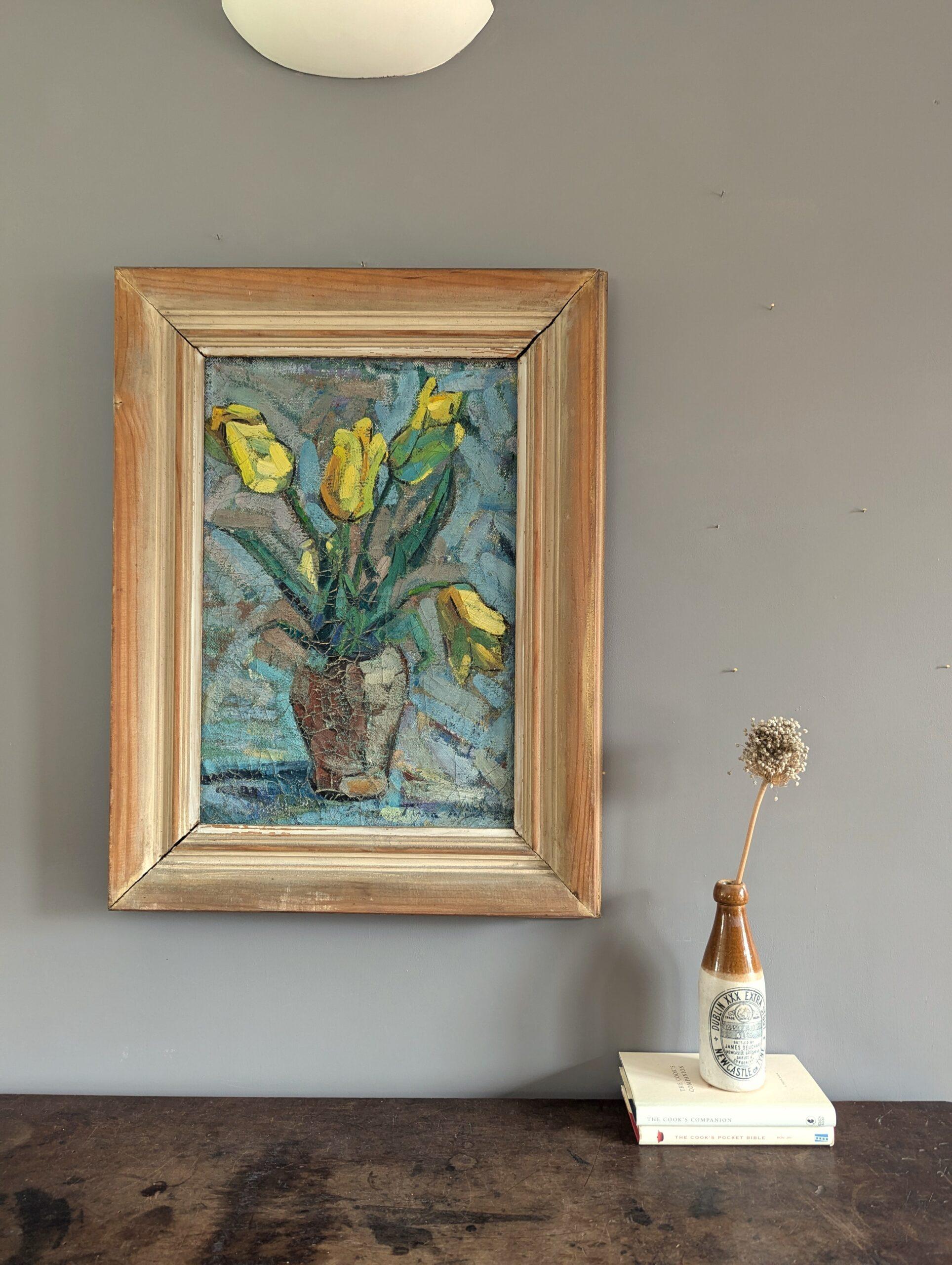 Vintage Mid-Century Modern Swedish Still Life Oil Painting - Tulips in Yellow 1