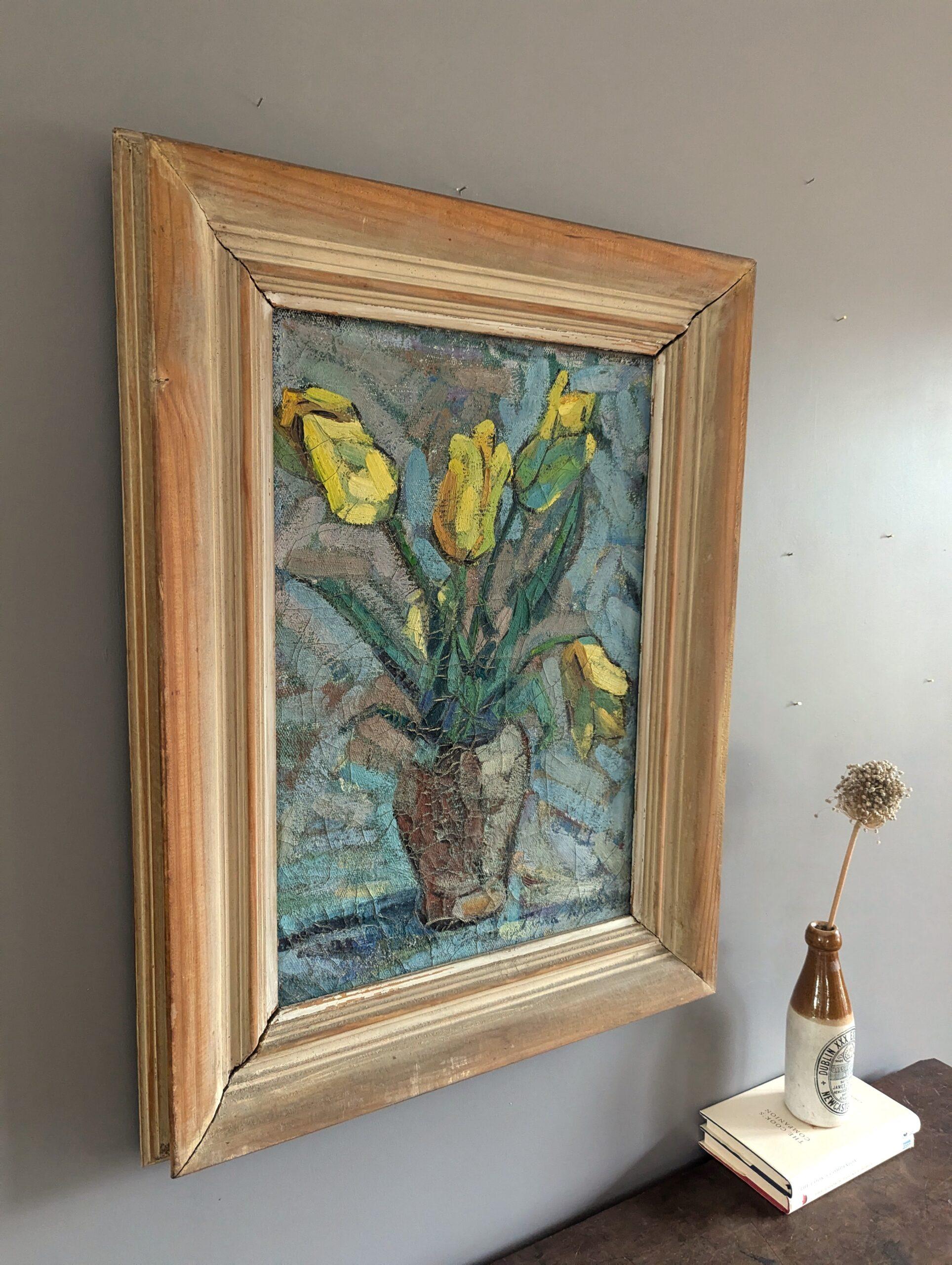 Vintage Mid-Century Modern Swedish Still Life Oil Painting - Tulips in Yellow 2