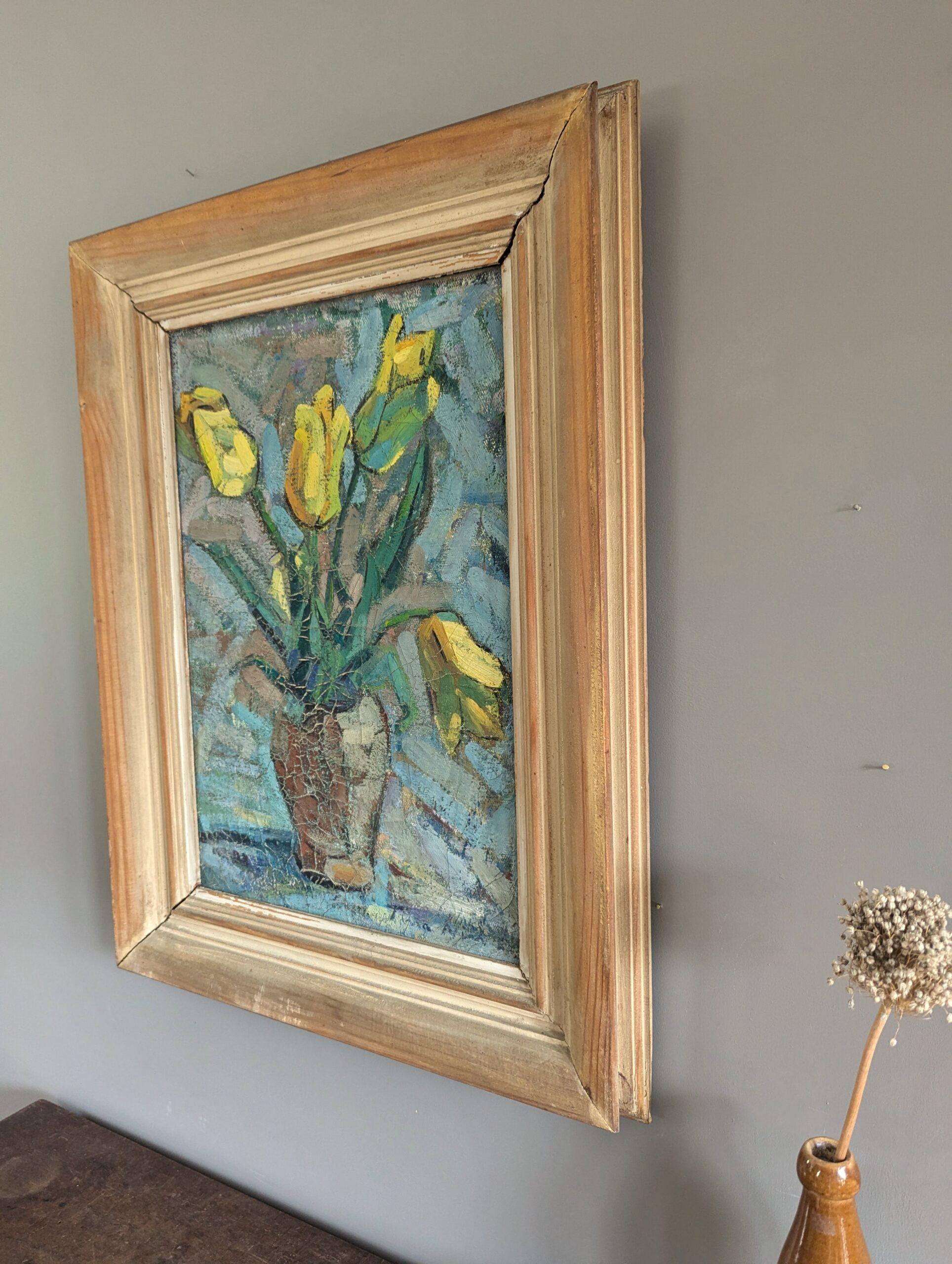 Vintage Mid-Century Modern Swedish Still Life Oil Painting - Tulips in Yellow 3