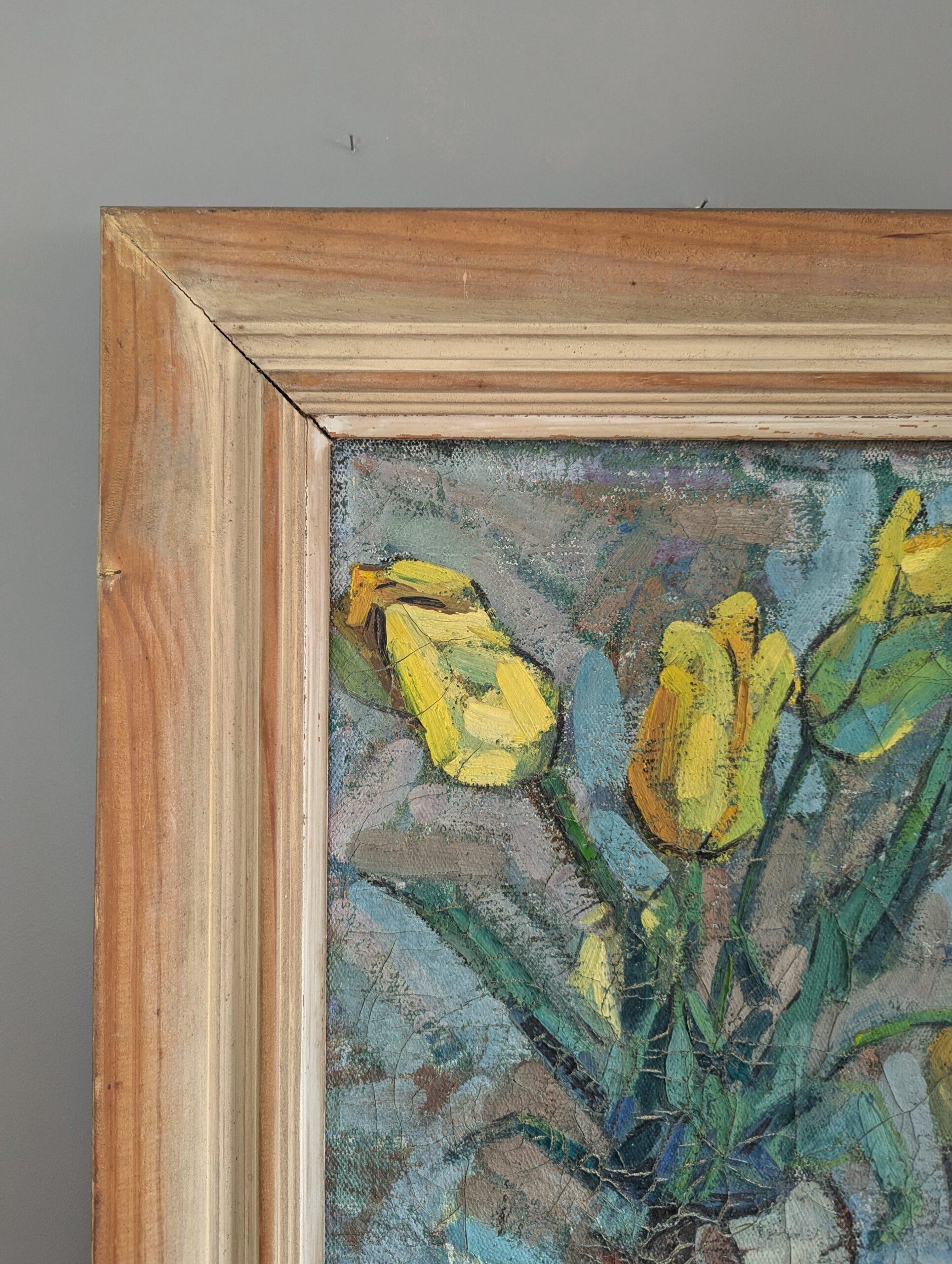 Vintage Mid-Century Modern Swedish Still Life Oil Painting - Tulips in Yellow 4