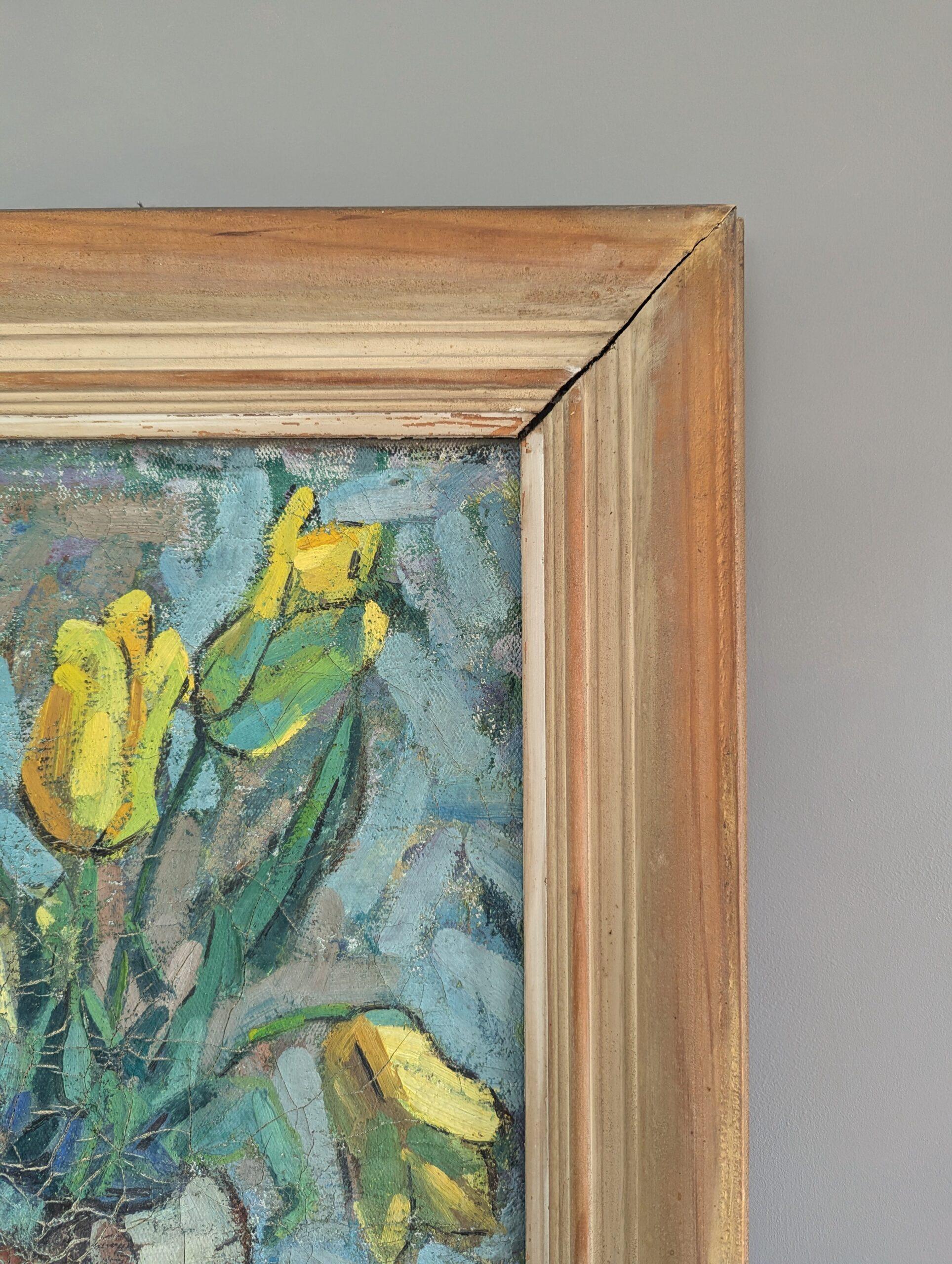 Vintage Mid-Century Modern Swedish Still Life Oil Painting - Tulips in Yellow 5
