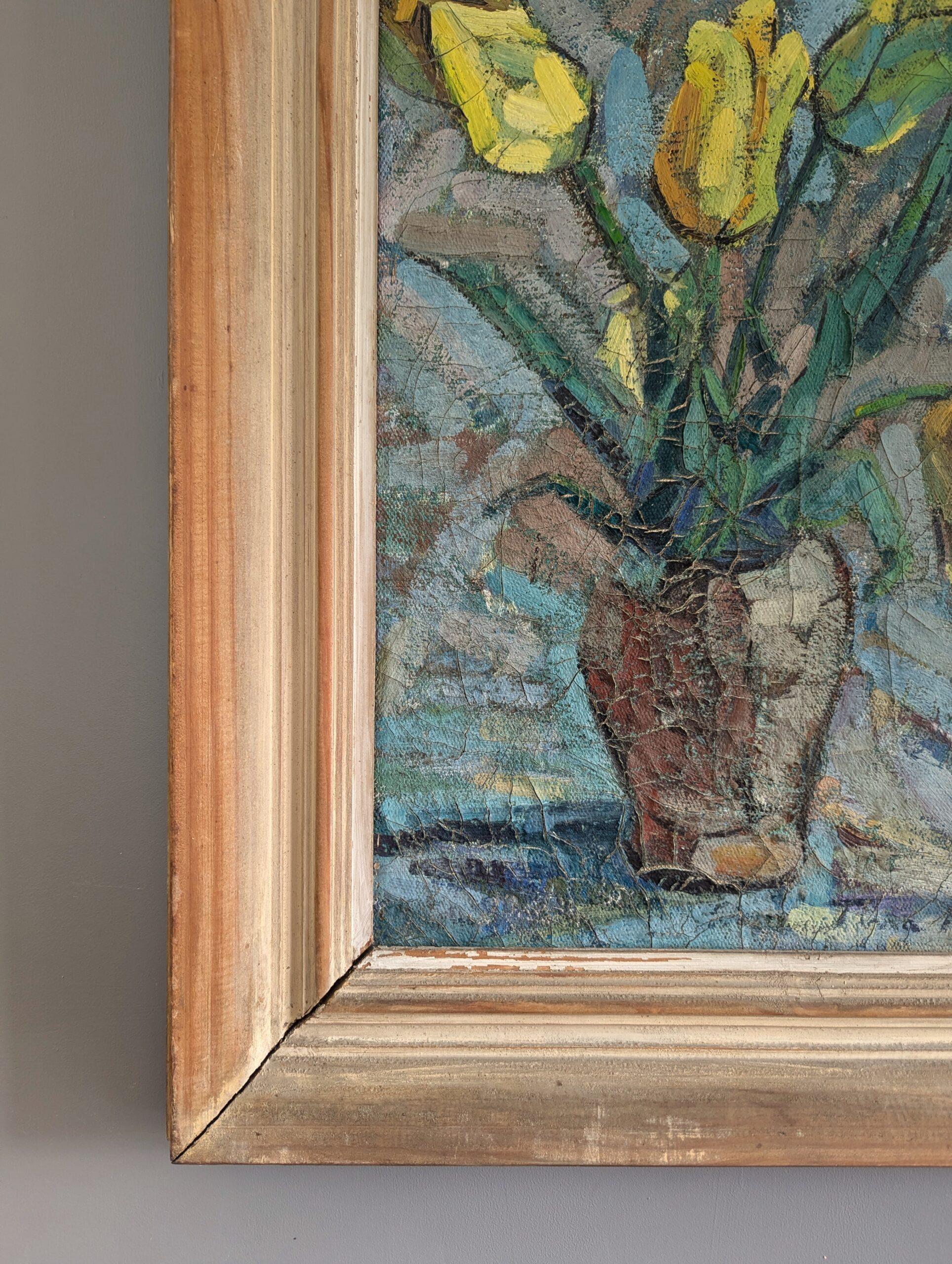 Vintage Mid-Century Modern Swedish Still Life Oil Painting - Tulips in Yellow 6