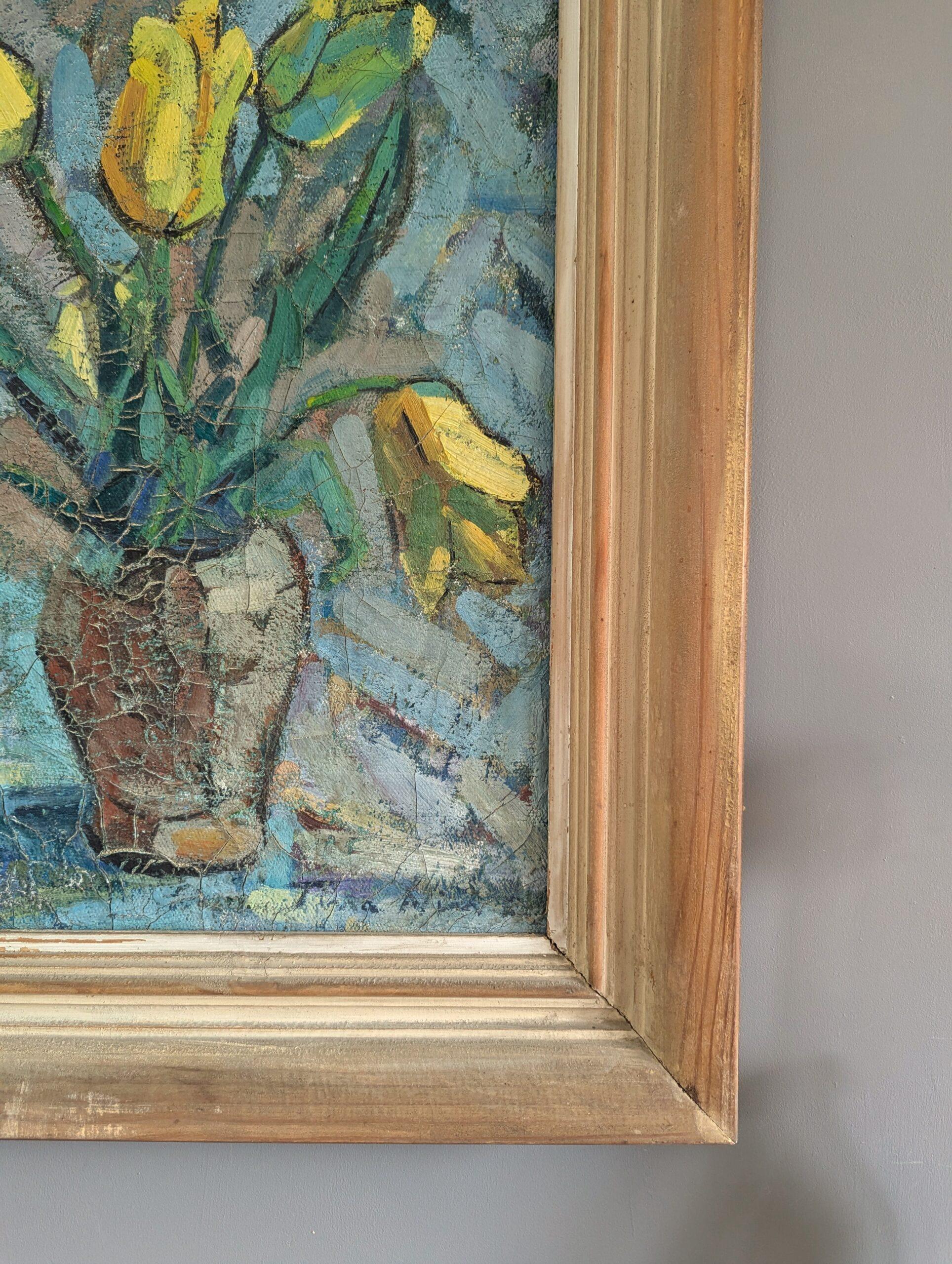 Vintage Mid-Century Modern Swedish Still Life Oil Painting - Tulips in Yellow 7