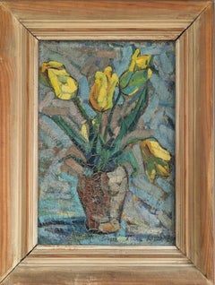 Pittura ad olio d'epoca con natura morta svedese della metà del secolo scorso - Tulipani in giallo