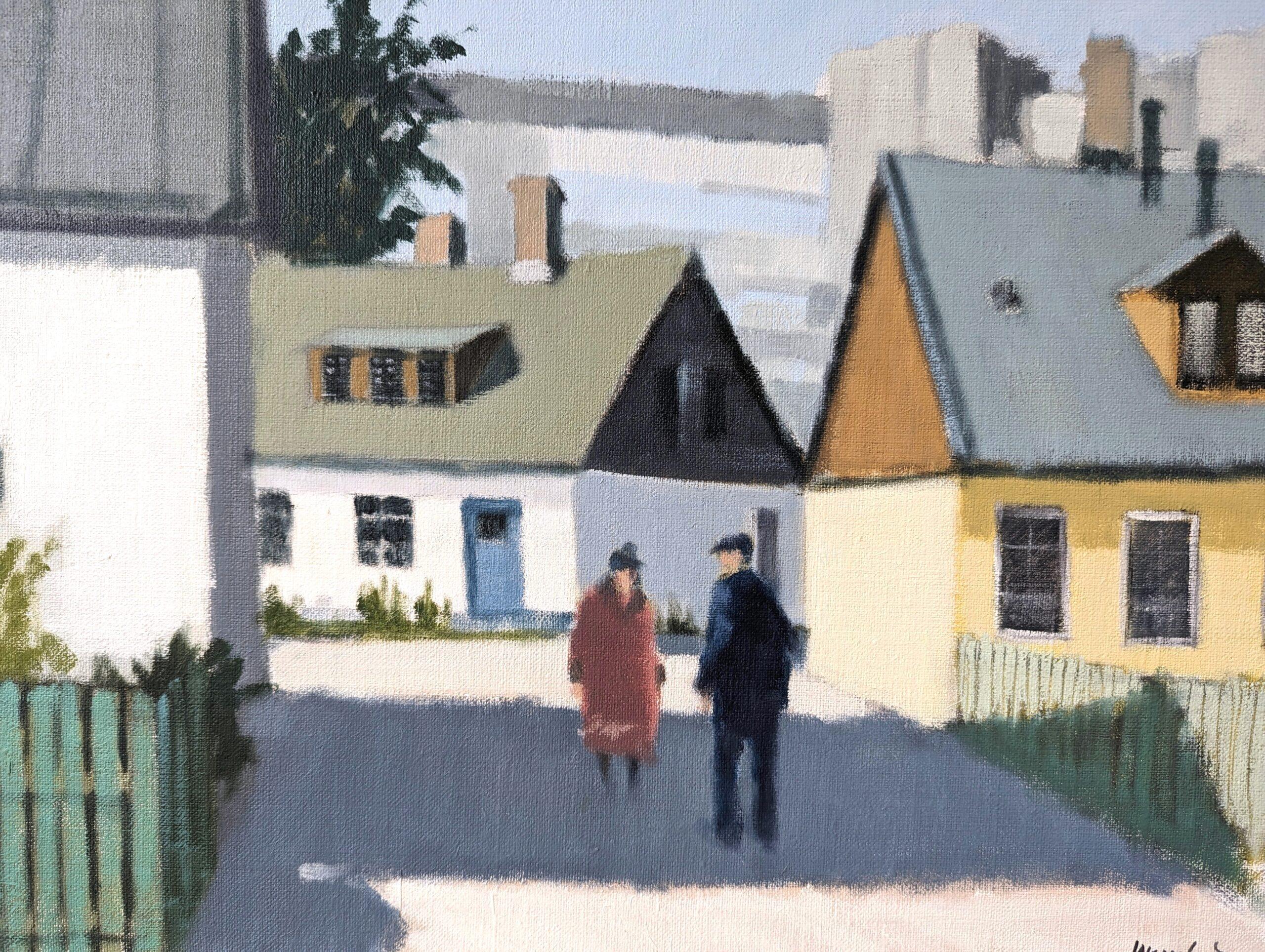 Vintage Mid-Century Modern Swedish Street Scene Oil Painting, Neighbourhood Meet 8