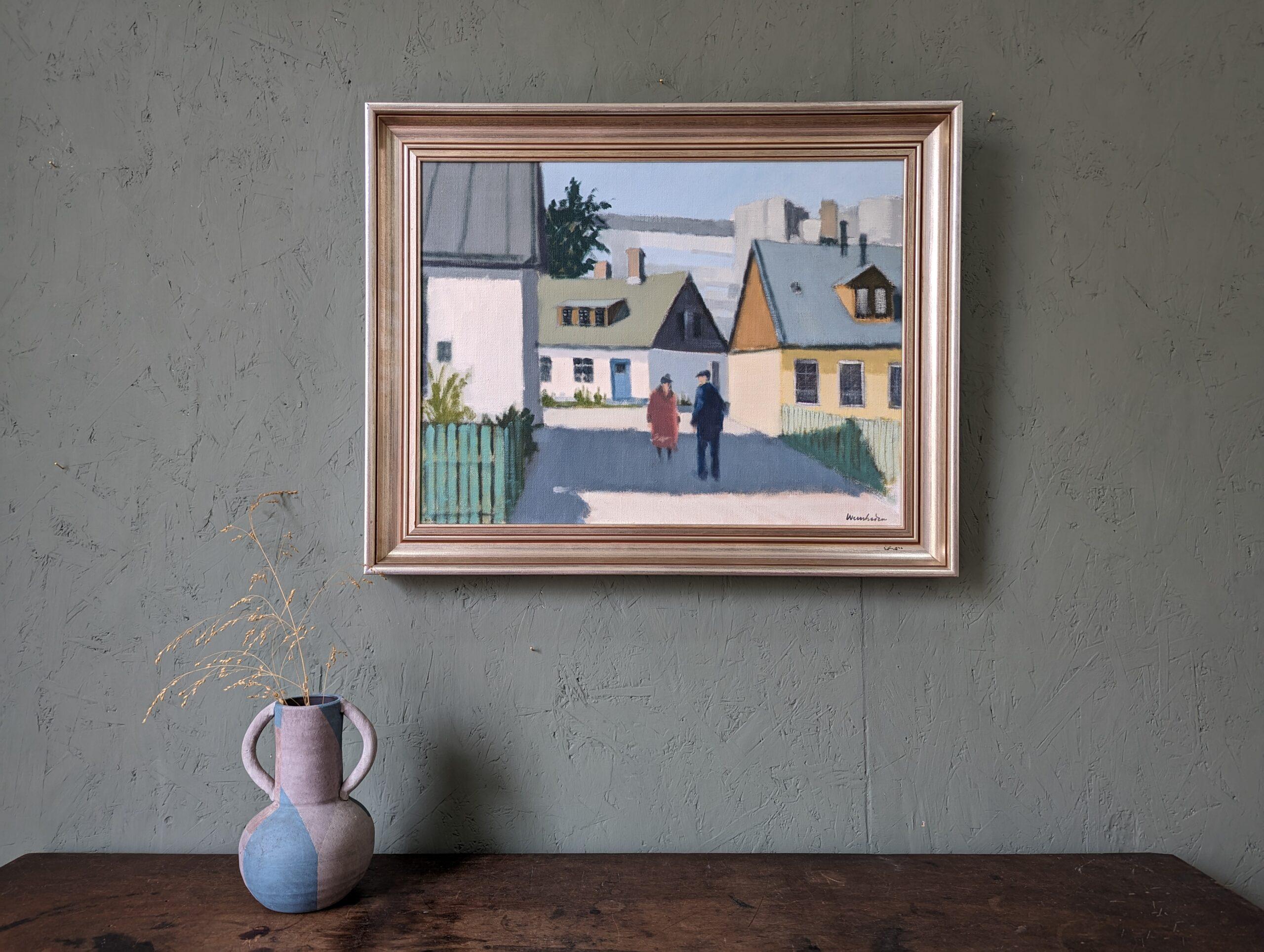 Vintage Mid-Century Modern Swedish Street Scene Oil Painting, Neighbourhood Meet 10