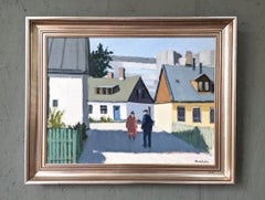 Vintage Mid-Century Modern Swedish Street Scene Oil Painting, Neighbourhood Meet
