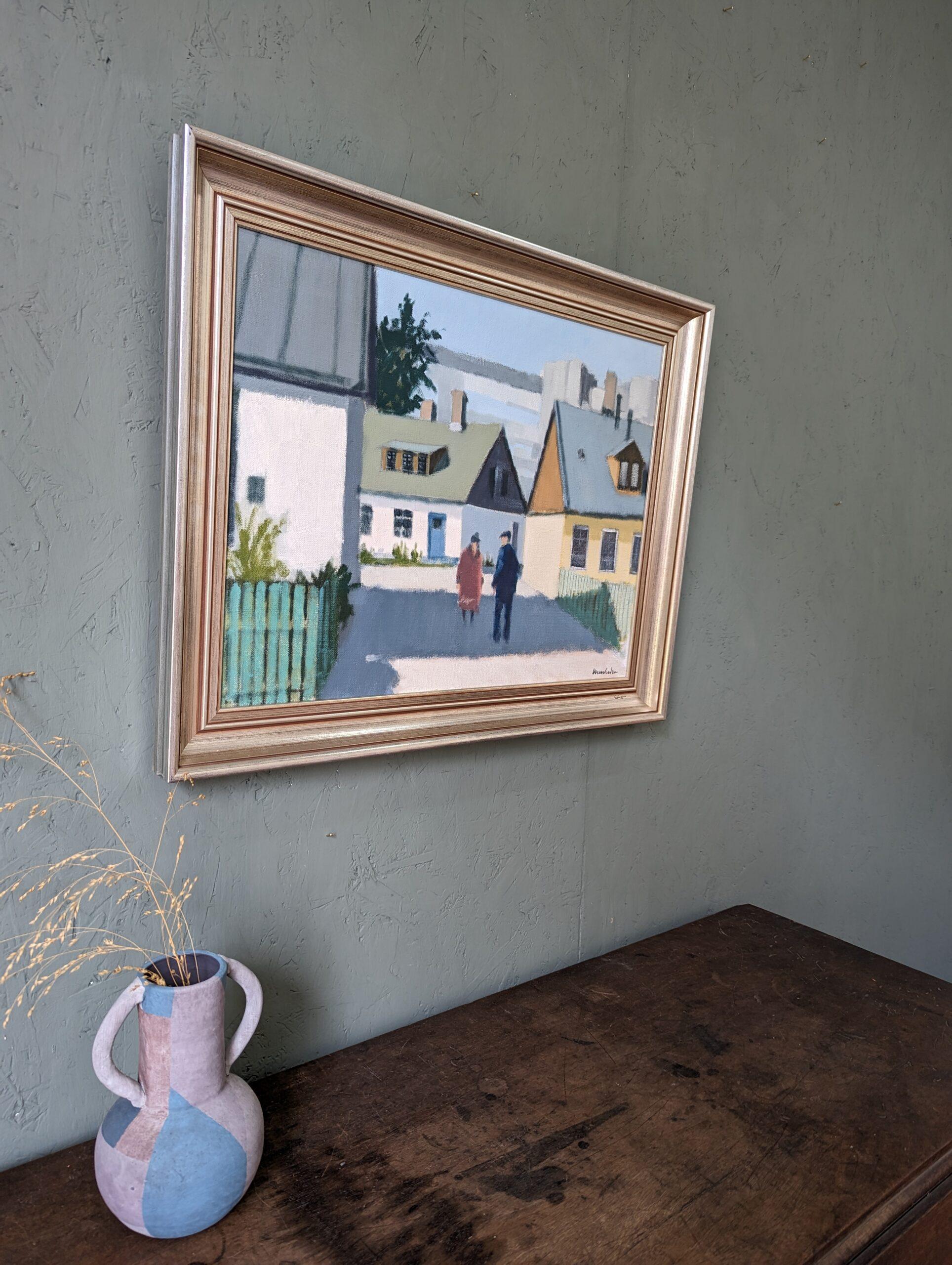 Vintage Mid-Century Modern Swedish Street Scene Oil Painting, Neighbourhood Meet 1
