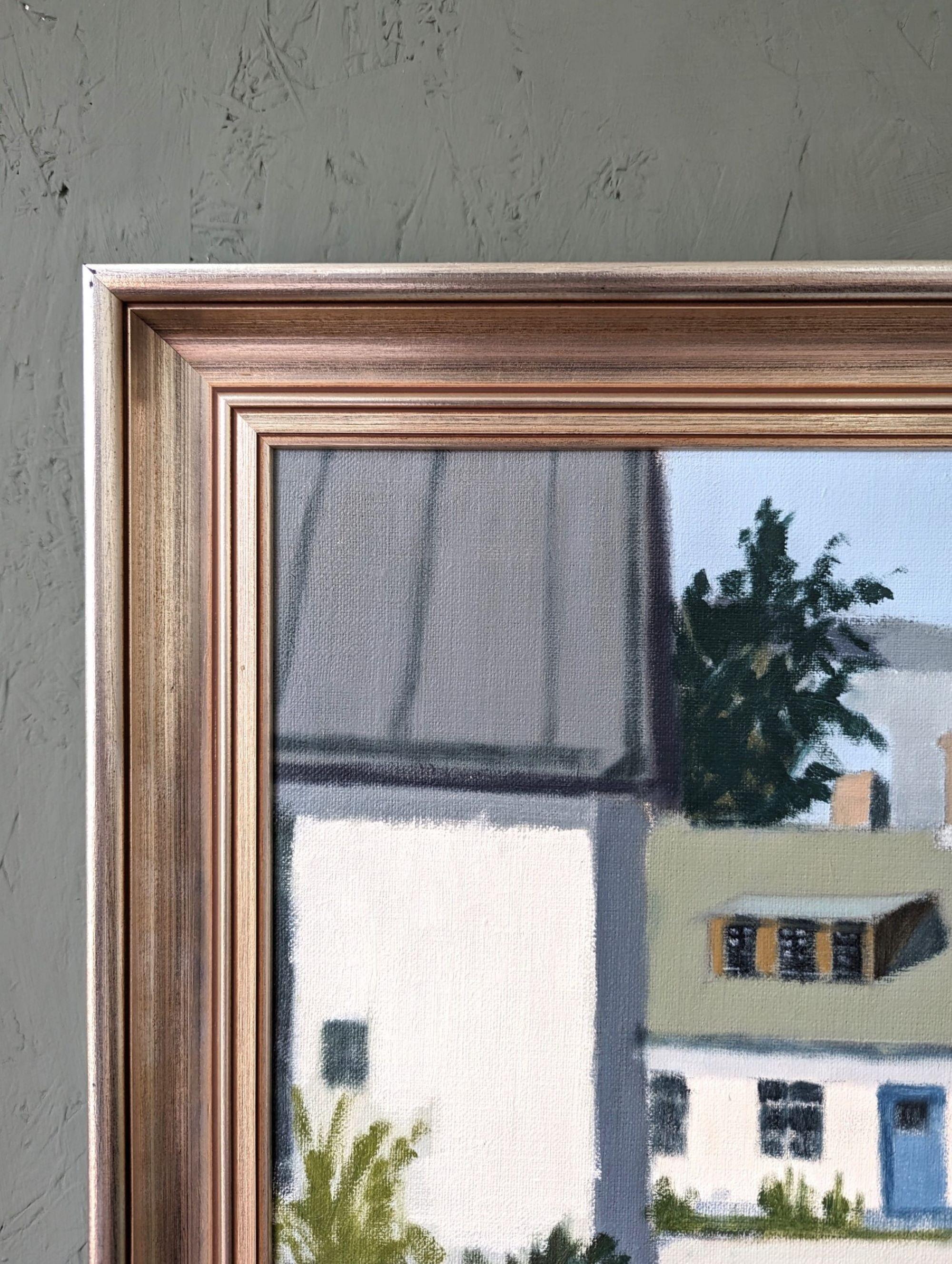 Vintage Mid-Century Modern Swedish Street Scene Oil Painting, Neighbourhood Meet 2