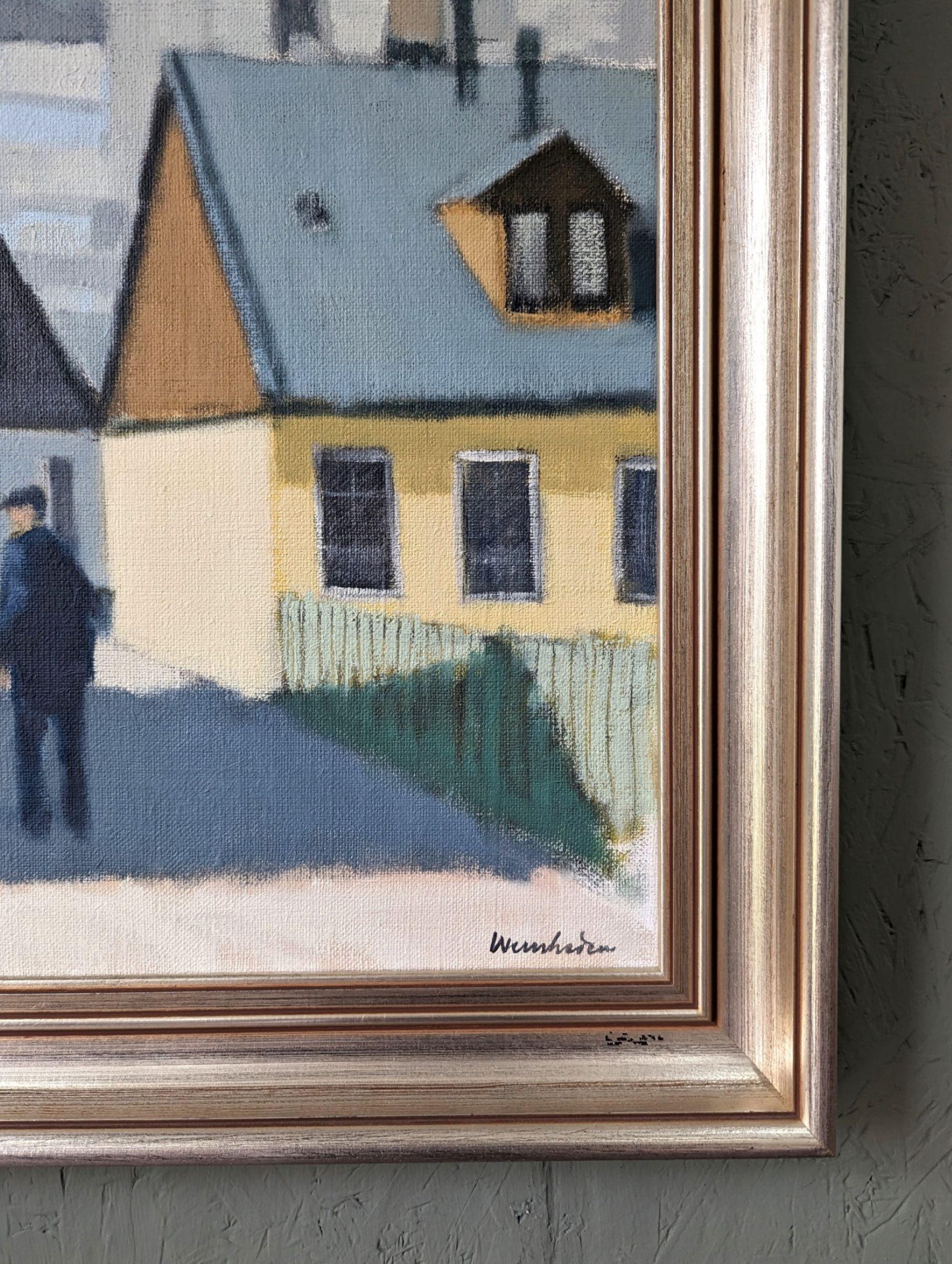 Vintage Mid-Century Modern Swedish Street Scene Oil Painting, Neighbourhood Meet 3