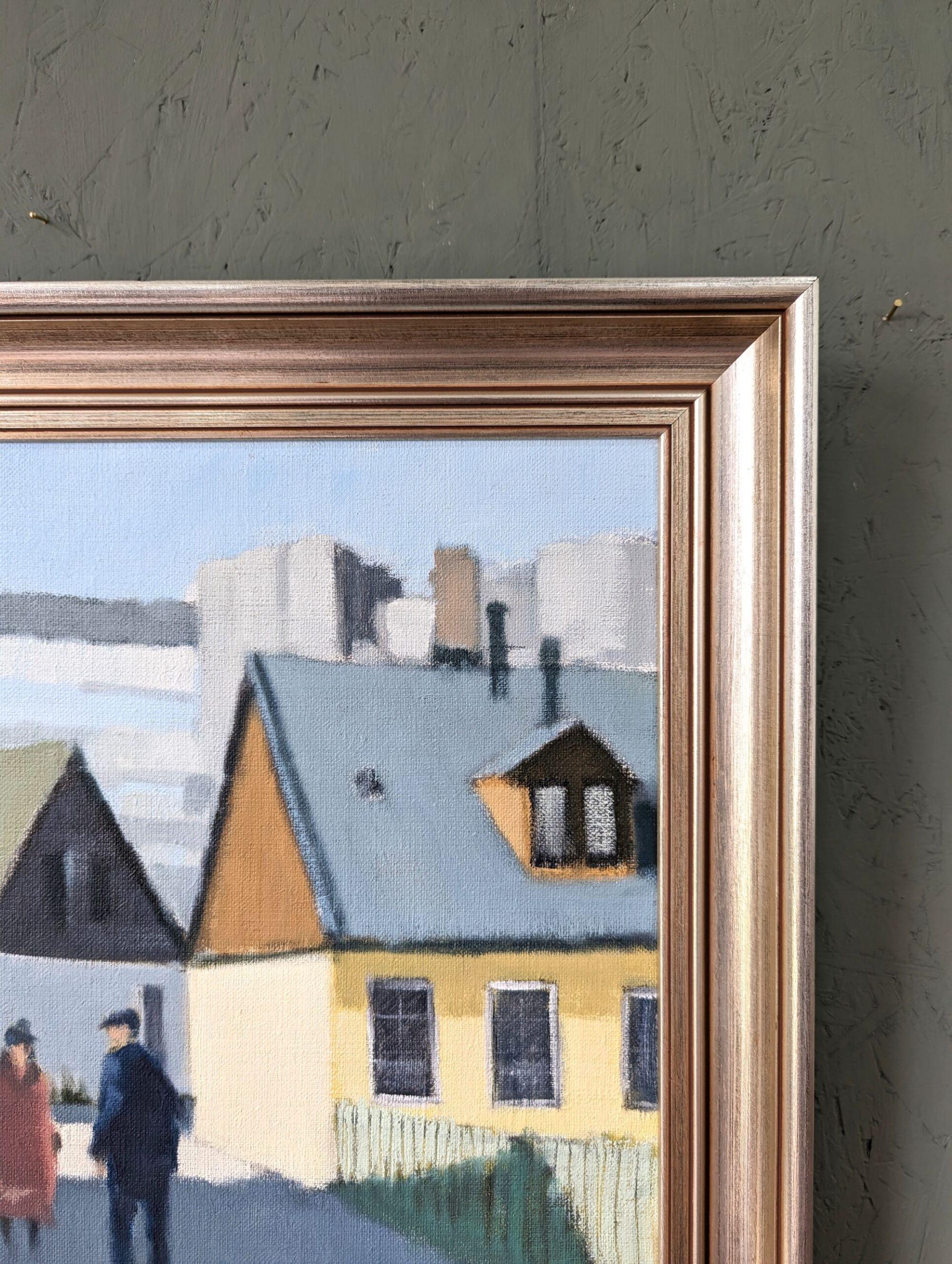 Vintage Mid-Century Modern Swedish Street Scene Oil Painting, Neighbourhood Meet 4