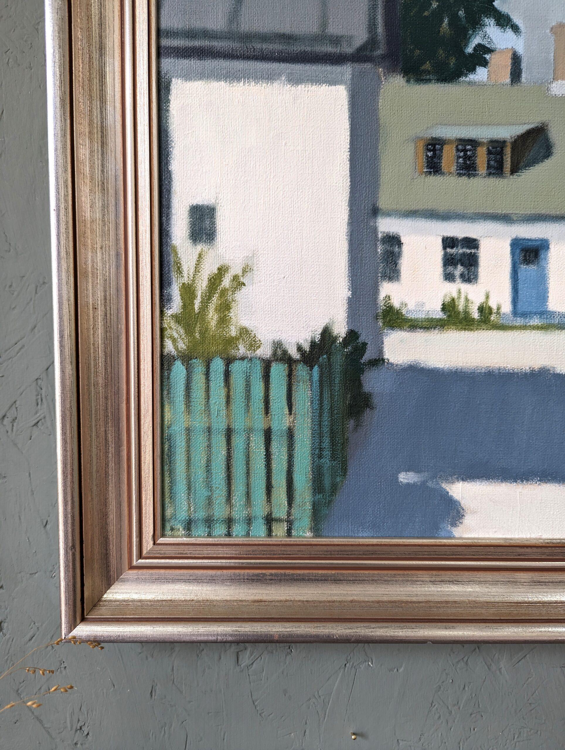 Vintage Mid-Century Modern Swedish Street Scene Oil Painting, Neighbourhood Meet 5