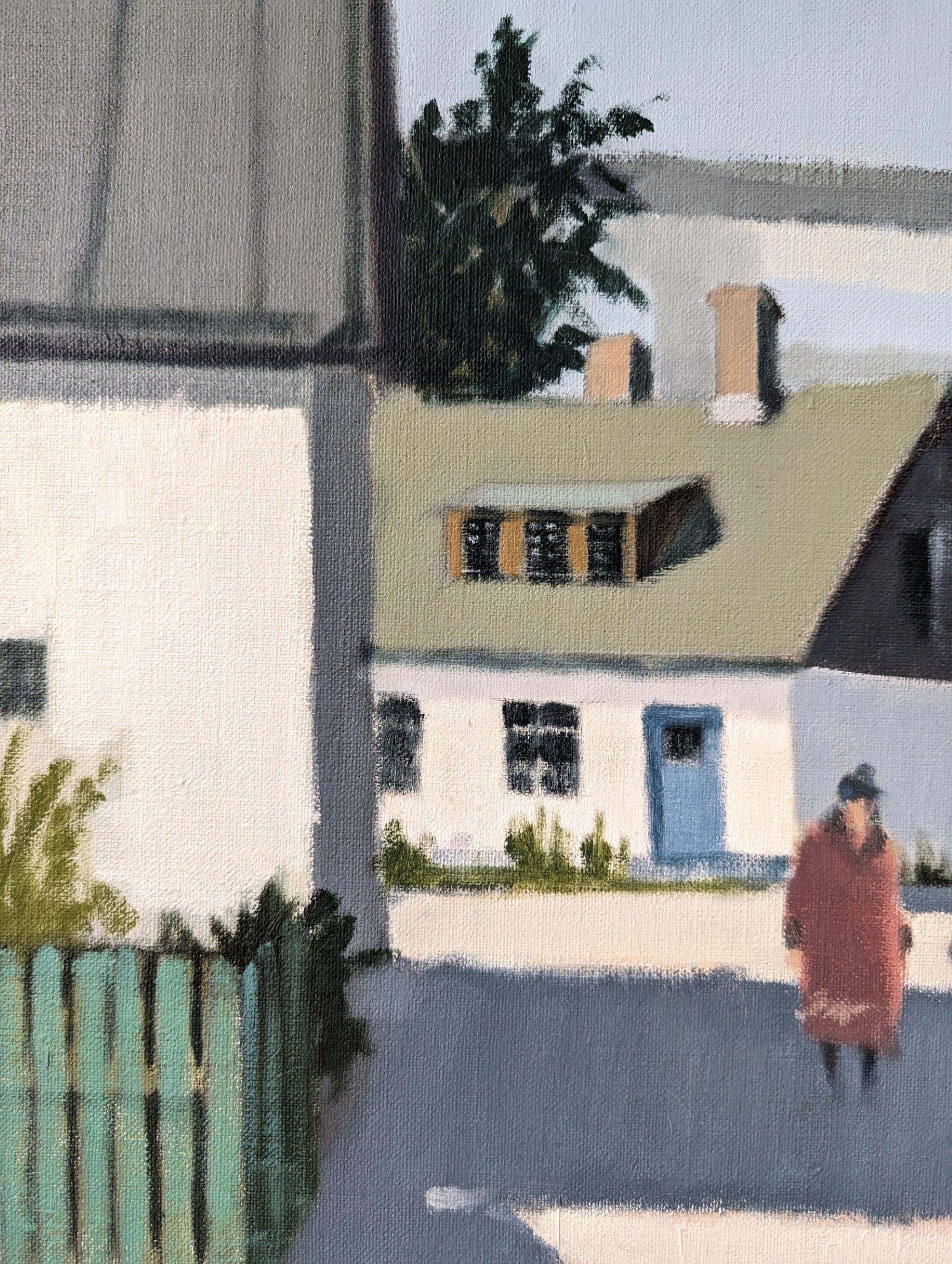 Vintage Mid-Century Modern Swedish Street Scene Oil Painting, Neighbourhood Meet 6