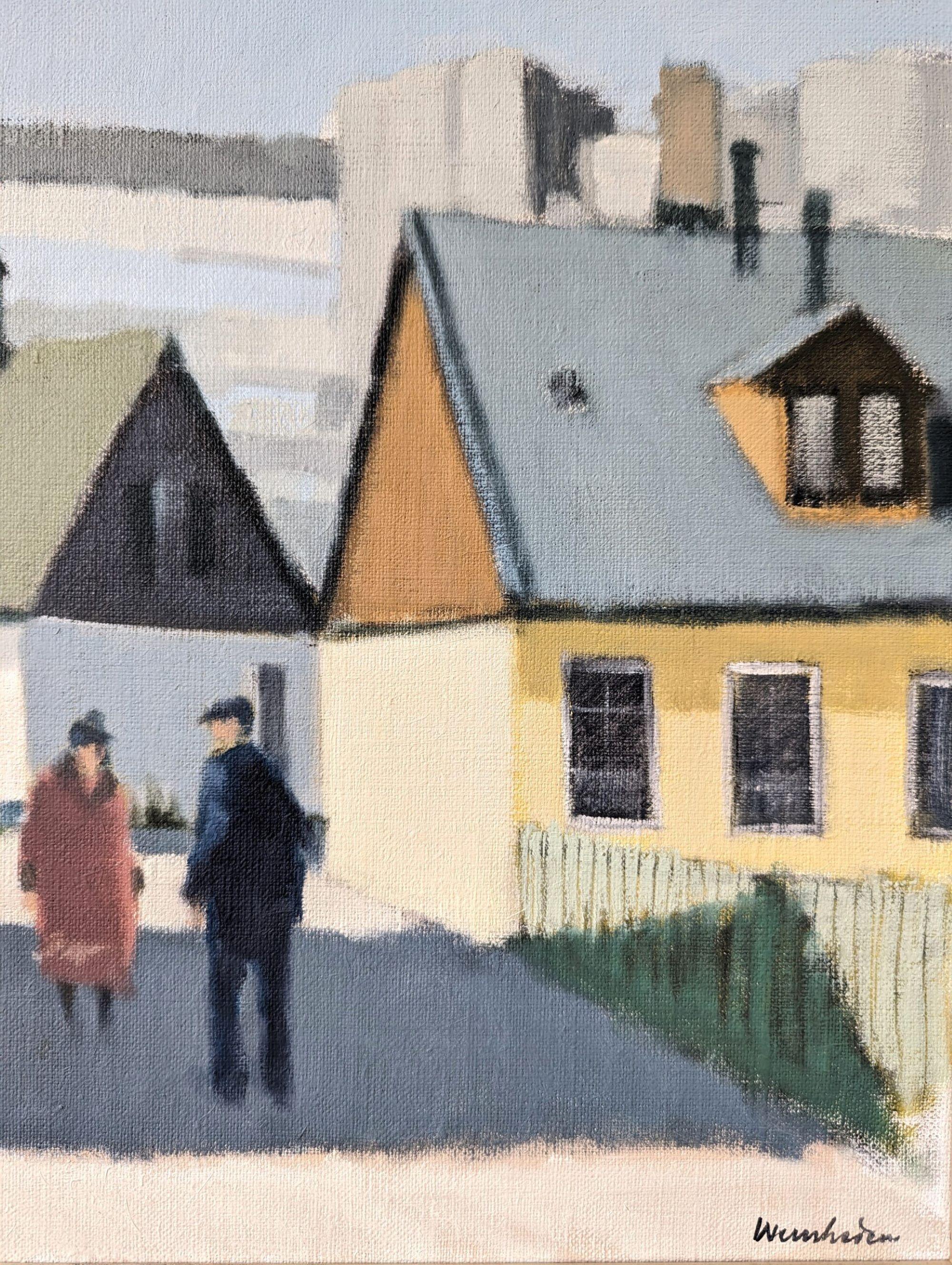 Vintage Mid-Century Modern Swedish Street Scene Oil Painting, Neighbourhood Meet 7