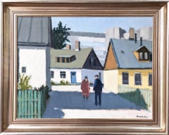 Vintage Mid-Century Modern Swedish Street Scene Oil Painting, Neighbourhood Meet