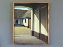 Vintage Mid Century Modern Swedish Street Scene Oil Painting - Sunlit Courtyard