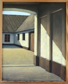 Vintage Mid Century Modern Swedish Street Scene Oil Painting - Sunlit Courtyard
