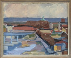 Vintage Mid-Century Modern Swedish Townscape Oil Painting - Port View