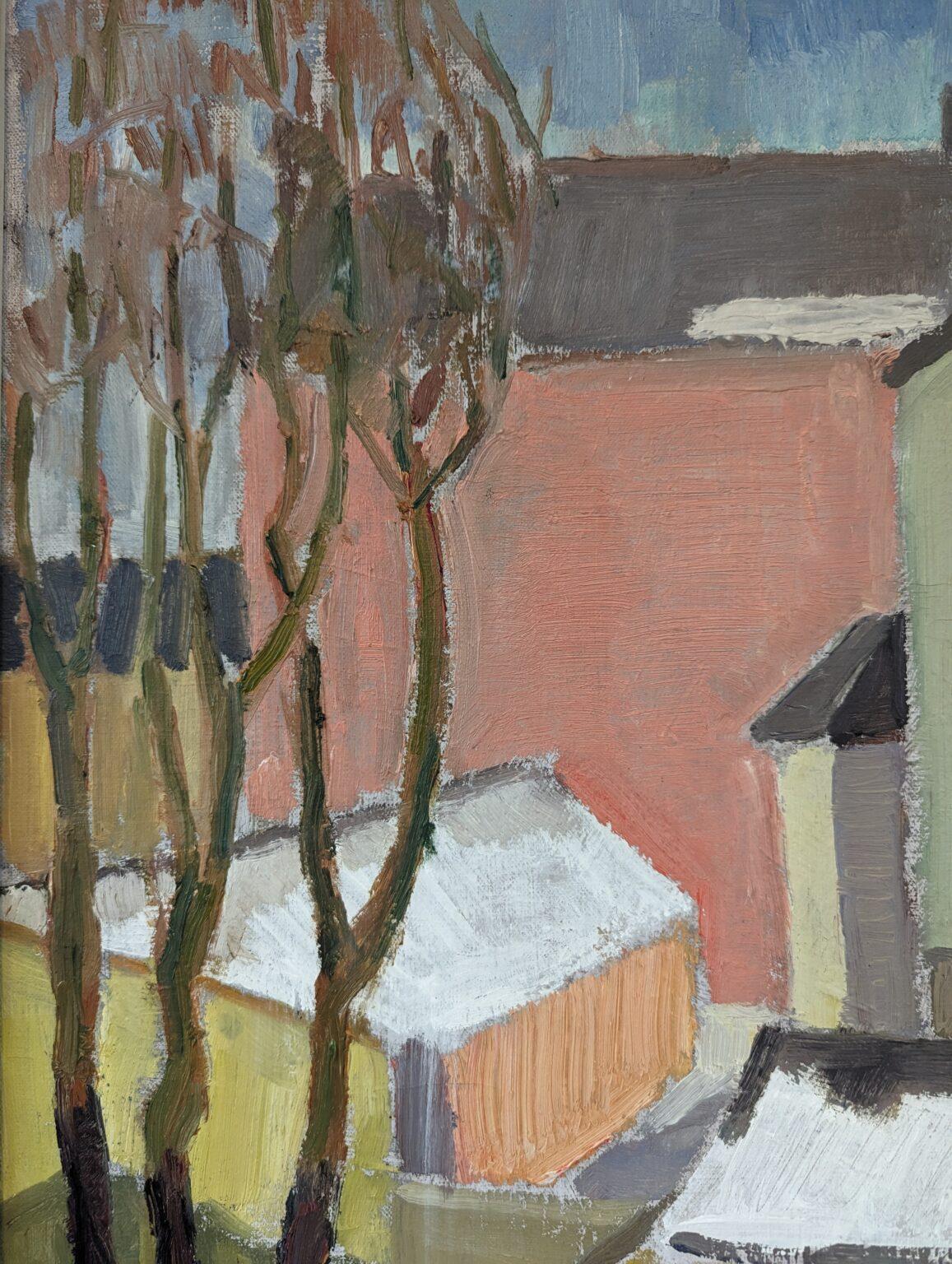 Pittura ad olio d'epoca con paesaggio urbano svedese della metà del secolo scorso - A. Winter Estate 5