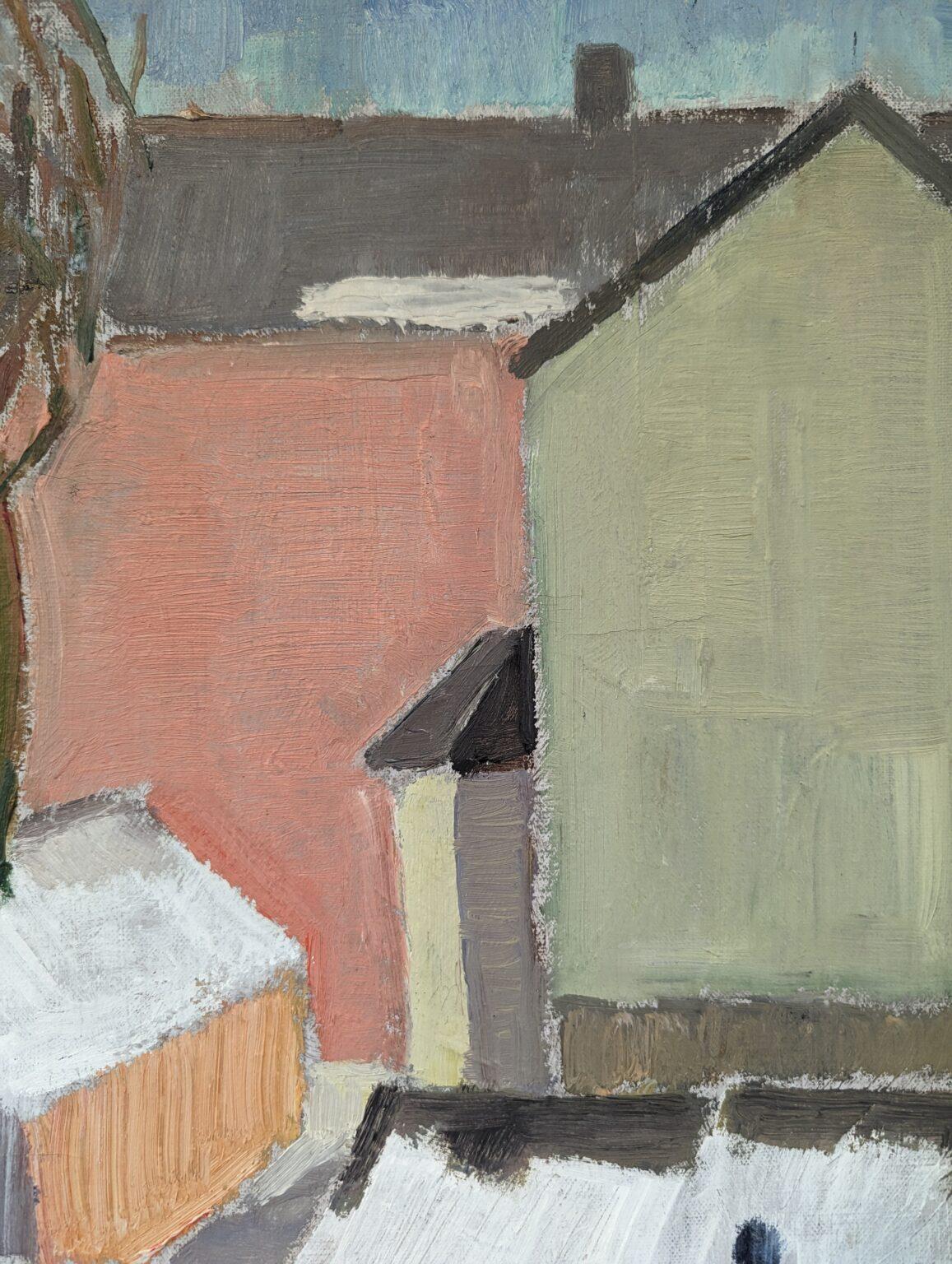 Pittura ad olio d'epoca con paesaggio urbano svedese della metà del secolo scorso - A. Winter Estate 6