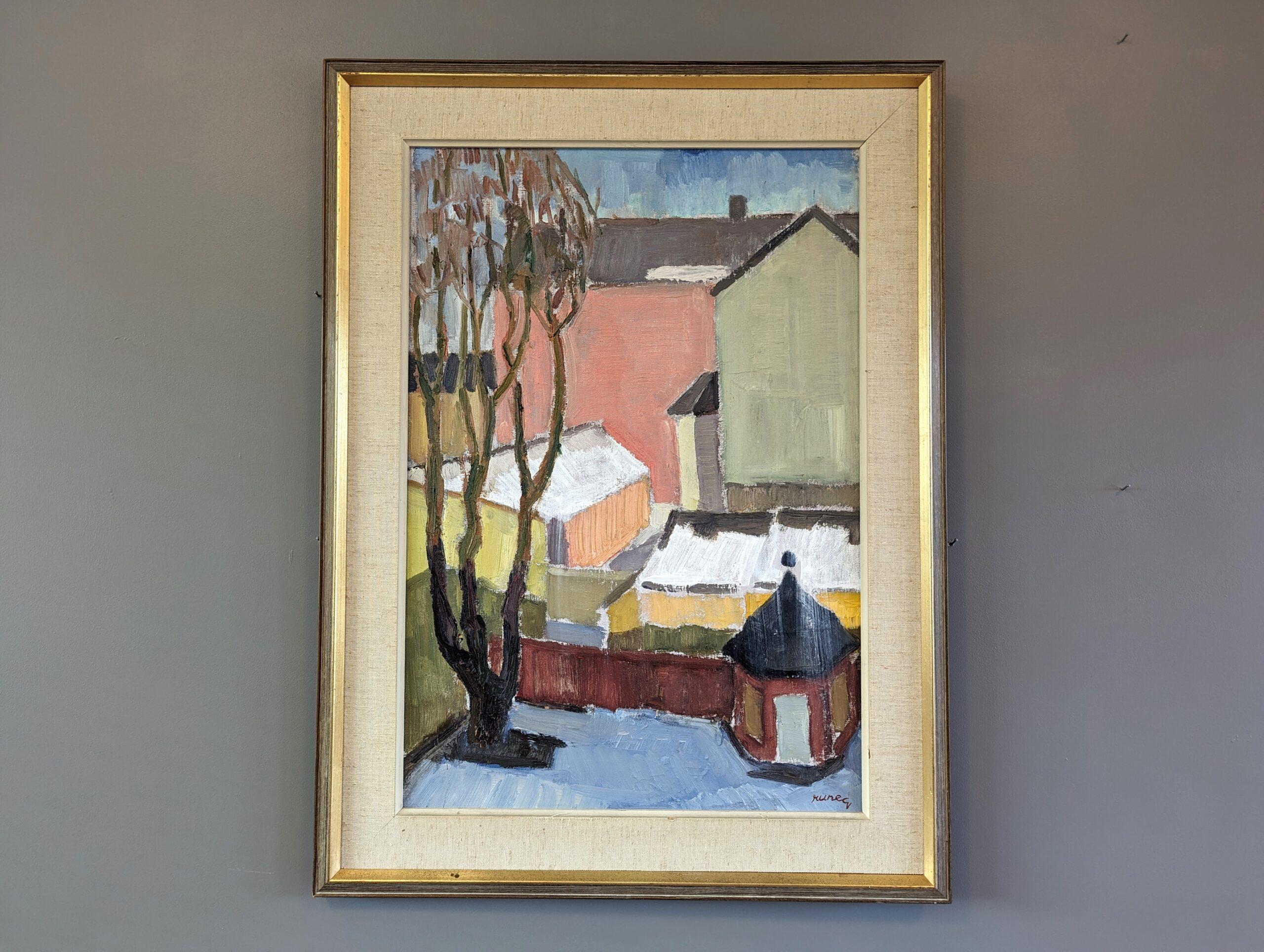 Pittura ad olio d'epoca con paesaggio urbano svedese della metà del secolo scorso - A. Winter Estate - Painting di Unknown