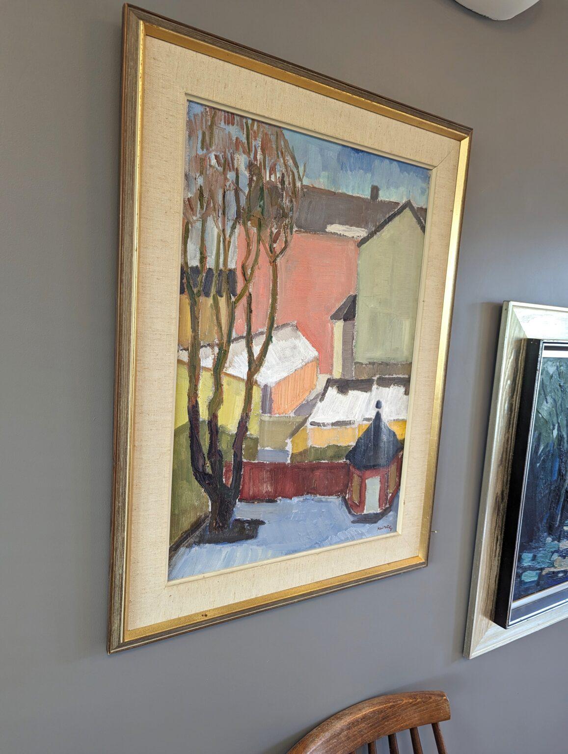 Pittura ad olio d'epoca con paesaggio urbano svedese della metà del secolo scorso - A. Winter Estate - Painting Moderno di Unknown