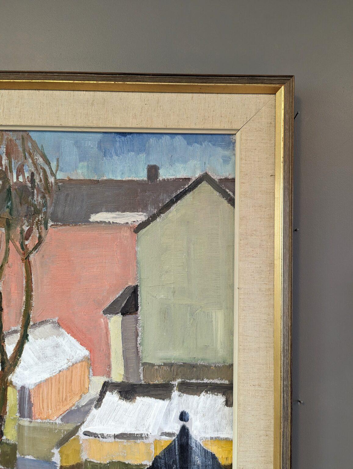 Pittura ad olio d'epoca con paesaggio urbano svedese della metà del secolo scorso - A. Winter Estate 1