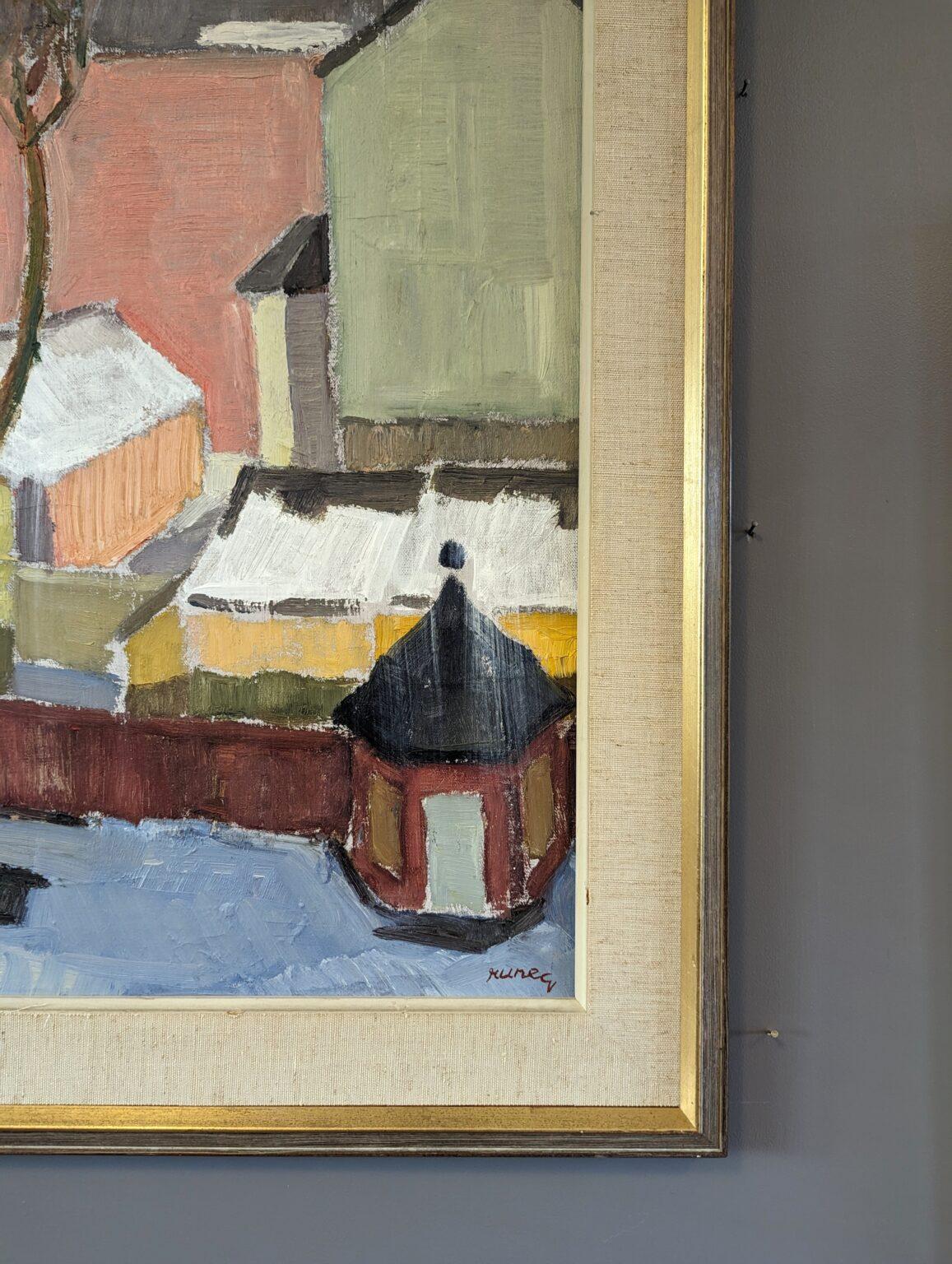 Pittura ad olio d'epoca con paesaggio urbano svedese della metà del secolo scorso - A. Winter Estate 2